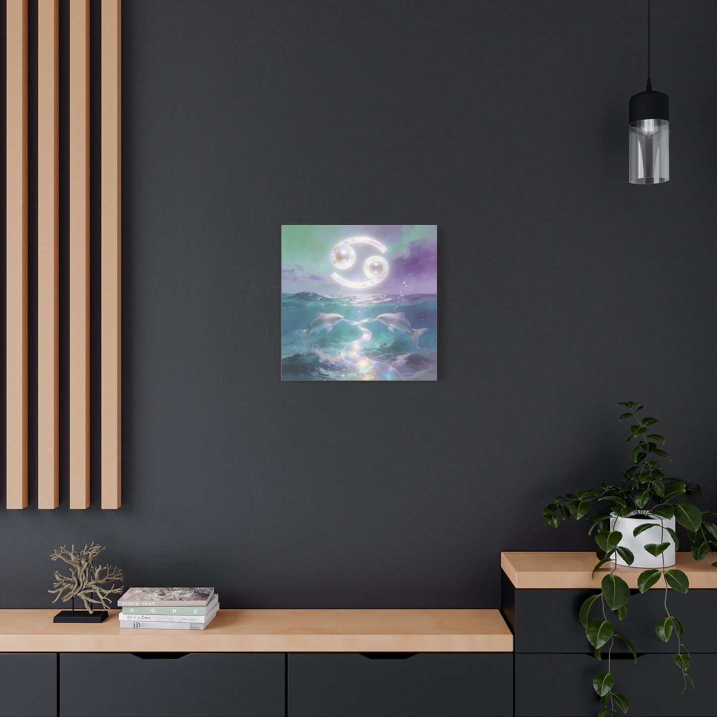 Cancer Zodiac Canvas Wall Art - Two Pearl Fish Ocean Illustration, Celestial Astrology Decor - Iridescent Matte Canvas Print - Mystical Coastal Style For Bedroom Living Room - Living Room Wall Decor