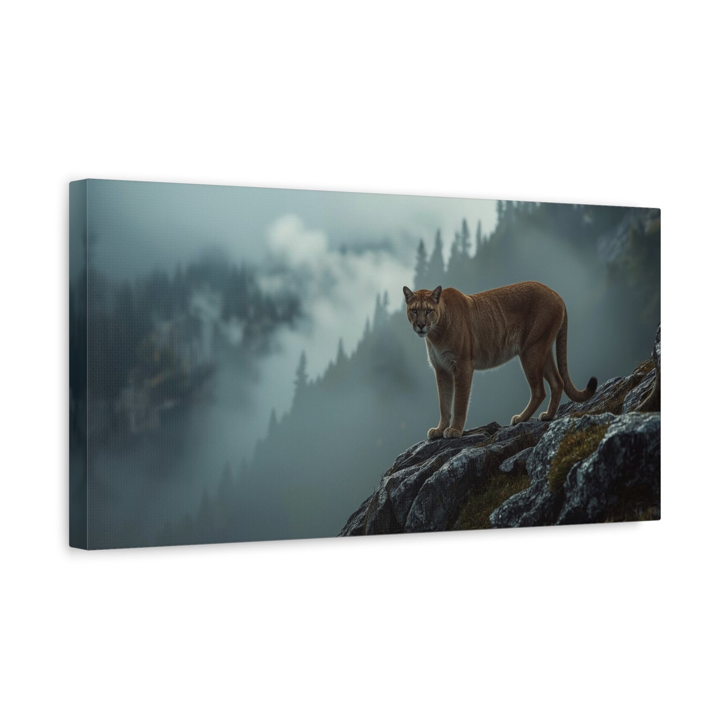 Mountain Lion Canvas Wall Art - Misty Forest Wildlife Landscape, Matte Canvas Print - Moody Contemporary Nature Decor - Living Room Wall Decor, Office Art, Rustic Lodge Accent - Modern Farmhouse Style