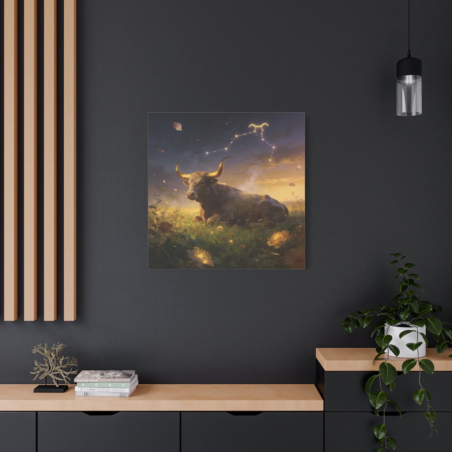 Taurus Zodiac Bull Canvas Wall Art - Celestial Constellation Night Meadow, Golden Horns, Dreamy Illustration - Matte Cotton Print - Bedroom Home Decoration, Office Wall Decor - Bedroom Home Decoration