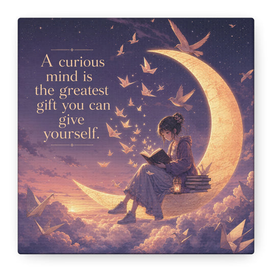 "A Curious Mind Is The Greatest You Can Give Yourself" Canvas Wall Art - Moon Reading Girl Quote Print, Dreamy Celestial Illustration - Bedroom Wall Decor, Home Office Accent - Ready to Hang