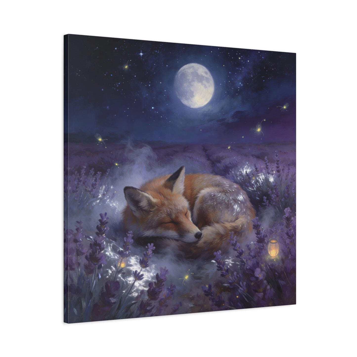 Sleeping Red Fox Canvas Wall Art - Moonlit Lavender Field, Fireflies, Starry Night Sky - Dreamy Woodland Animal Print - Matte Finish Canvas - Bedroom Wall Decor, Nursery Accent - Cozy Reading Nook Art