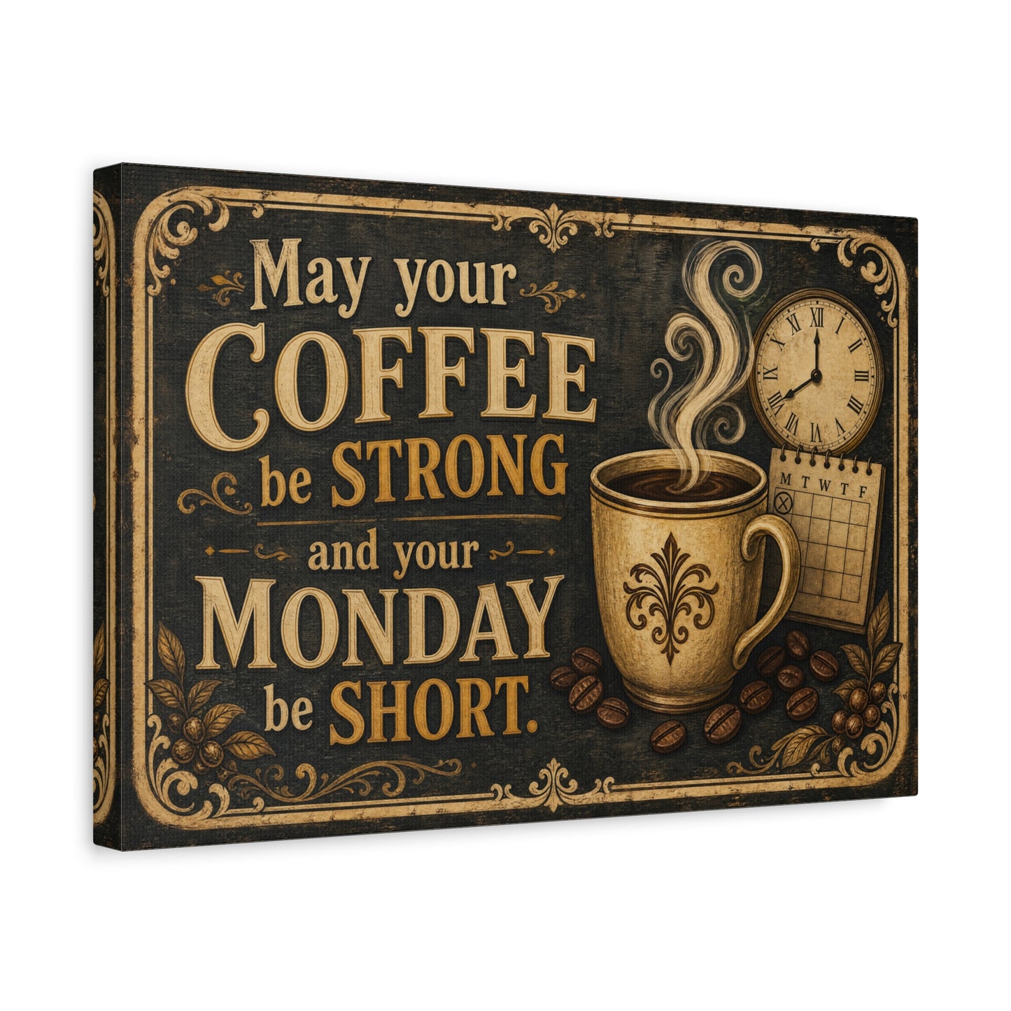 "May Your Coffee Be Strong And Your Monday Be Short" Canvas Wall Art - Vintage Coffee Cup Quote Print, Rustic Decor, Farmhouse Wall Hanging - Ready to Hang - Bistro Decor - Espresso Bar Sign