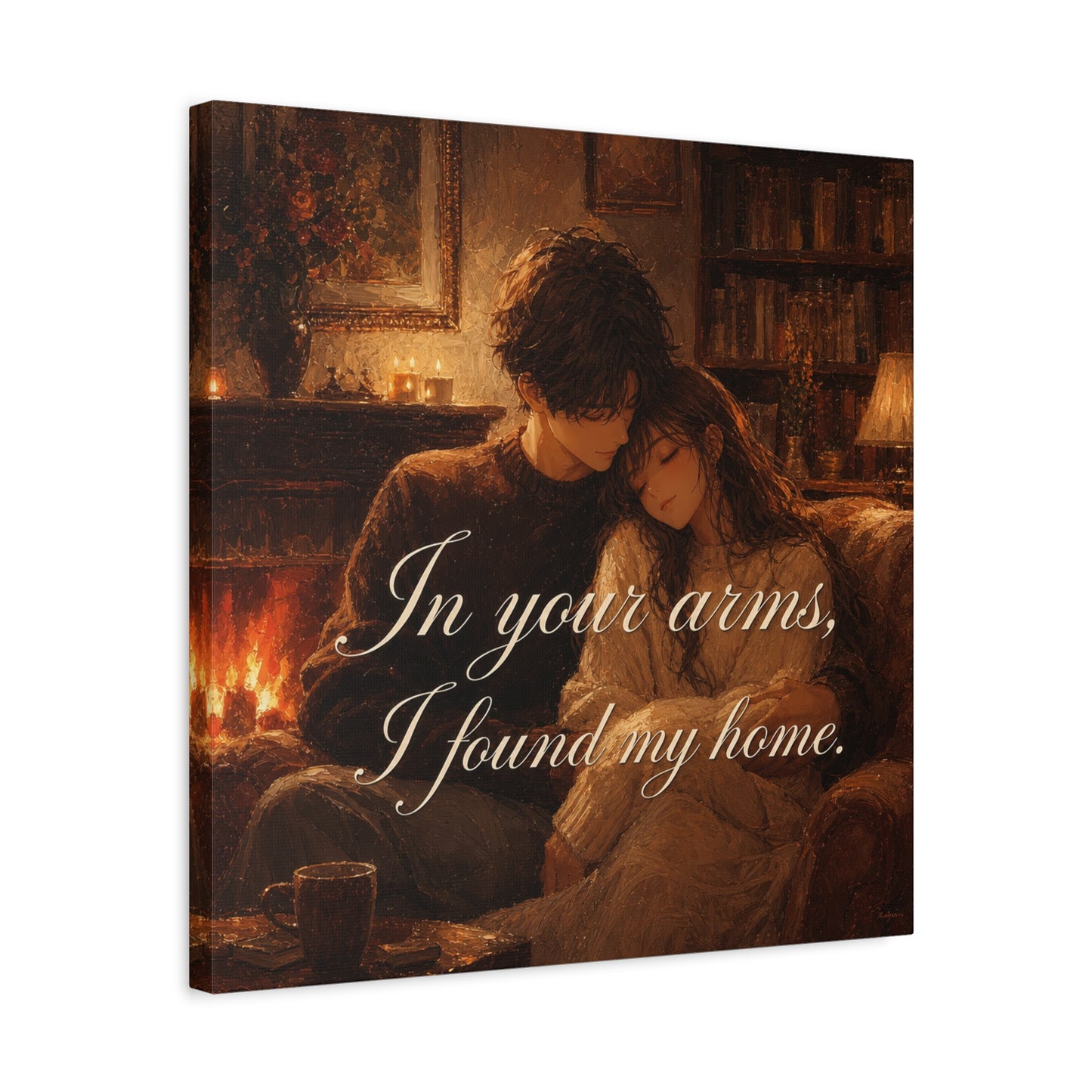 "In Your Arms, I Found My Home" Romantic Couple Canvas Wall Art - Cozy Fireplace Library Scene, Warm Vintage Style - Bedroom Home Decoration, Living Room Accent - Ready to Hang - Office Wall Art