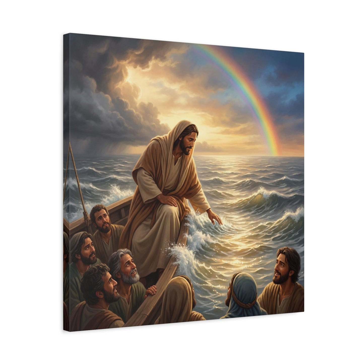 Jesus Christ Walking On Water Canvas Wall Art - Rainbow Over Stormy Sea, Disciples In Boat - Matte Cotton Print - Traditional Religious Style - Living Room Wall Decor - Bedroom Home Decoration