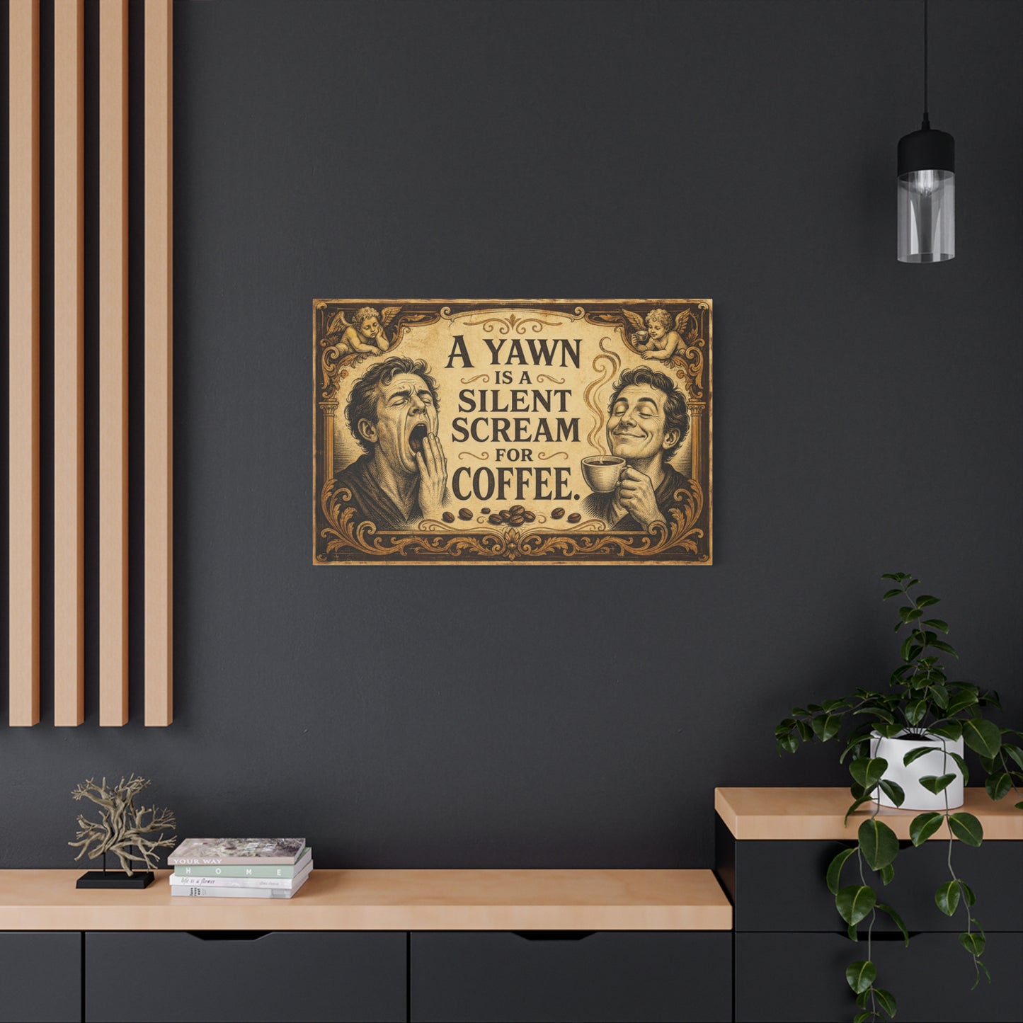 "A Yawn Is A Silent Scream For Coffee" Funny Coffee Canvas Wall Art - Vintage Cherub Quote Print, Sepia Cafe Style, Office Humor - Cafe Wall Art - Bistro Decor - Espresso Bar Sign - Ready to Hang