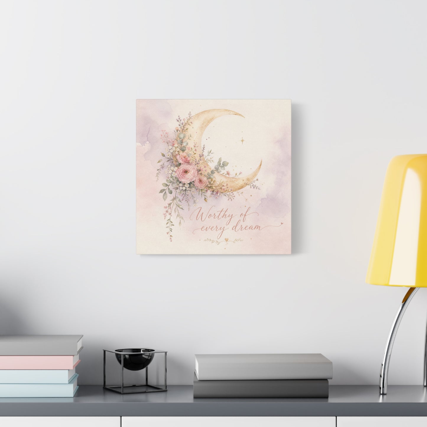 "Worthy Of Every Dream" Moon Canvas Wall Art - Floral Crescent, Inspirational Blush Gold Watercolor - Bohemian Bedroom Wall Decor - Nursery Home Decoration - Bedroom Home Decoration - Ready to Hang