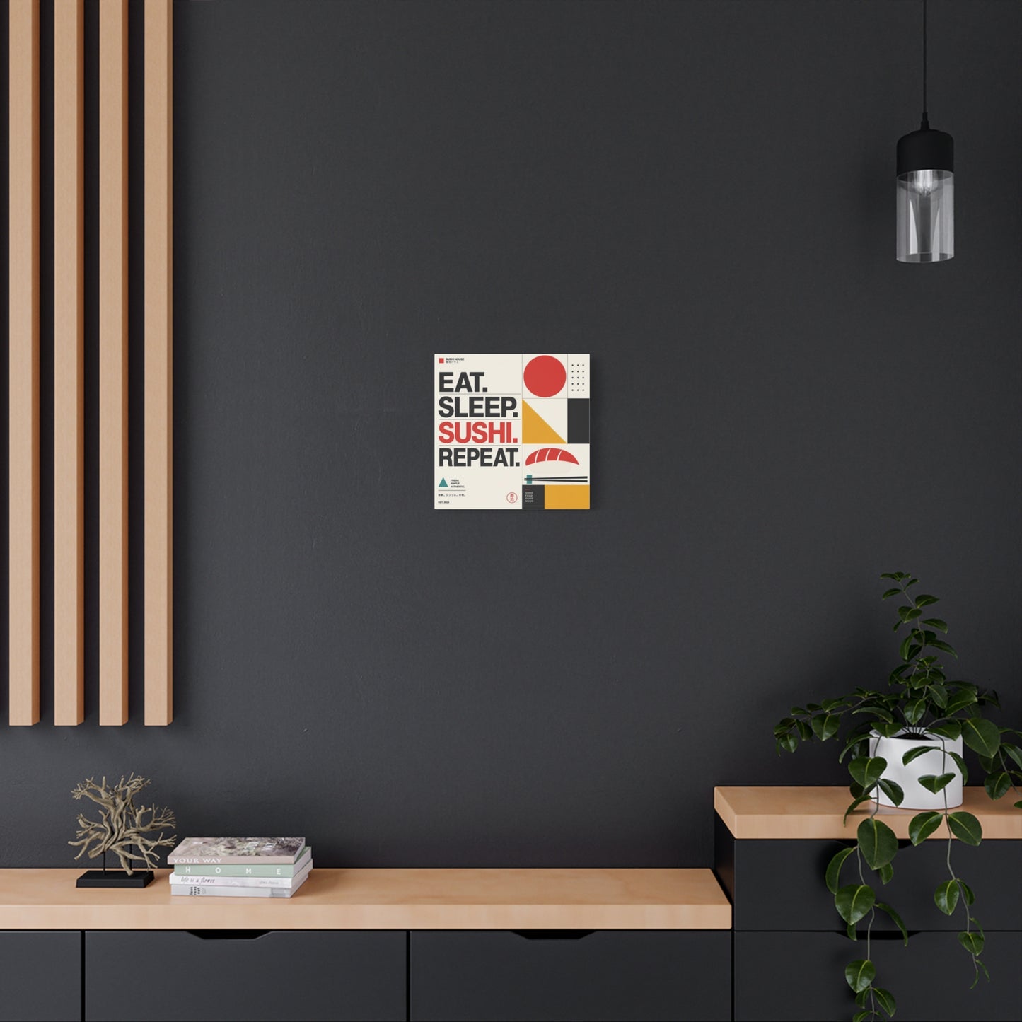 "Eat. Sleep. Sushi. Repeat." Sushi Canvas Wall Art - Japanese Typography Print, Geometric Food Poster Design - Modern Minimalist Cotton Canvas - Cafe Decor, Kitchen Accent, Dining Room Artwork
