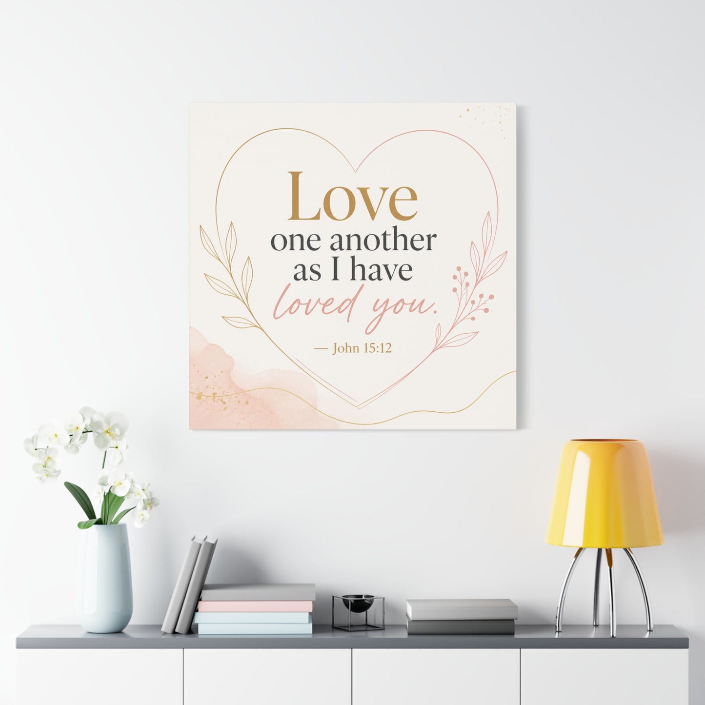 "Love One Another As I Have Loved You. John 15:12" Canvas Wall Art - Christian Scripture Quote, Heart Line Floral Design - Blush Gold Typography - Bedroom Living Room Decor - Living Room Wall Decor