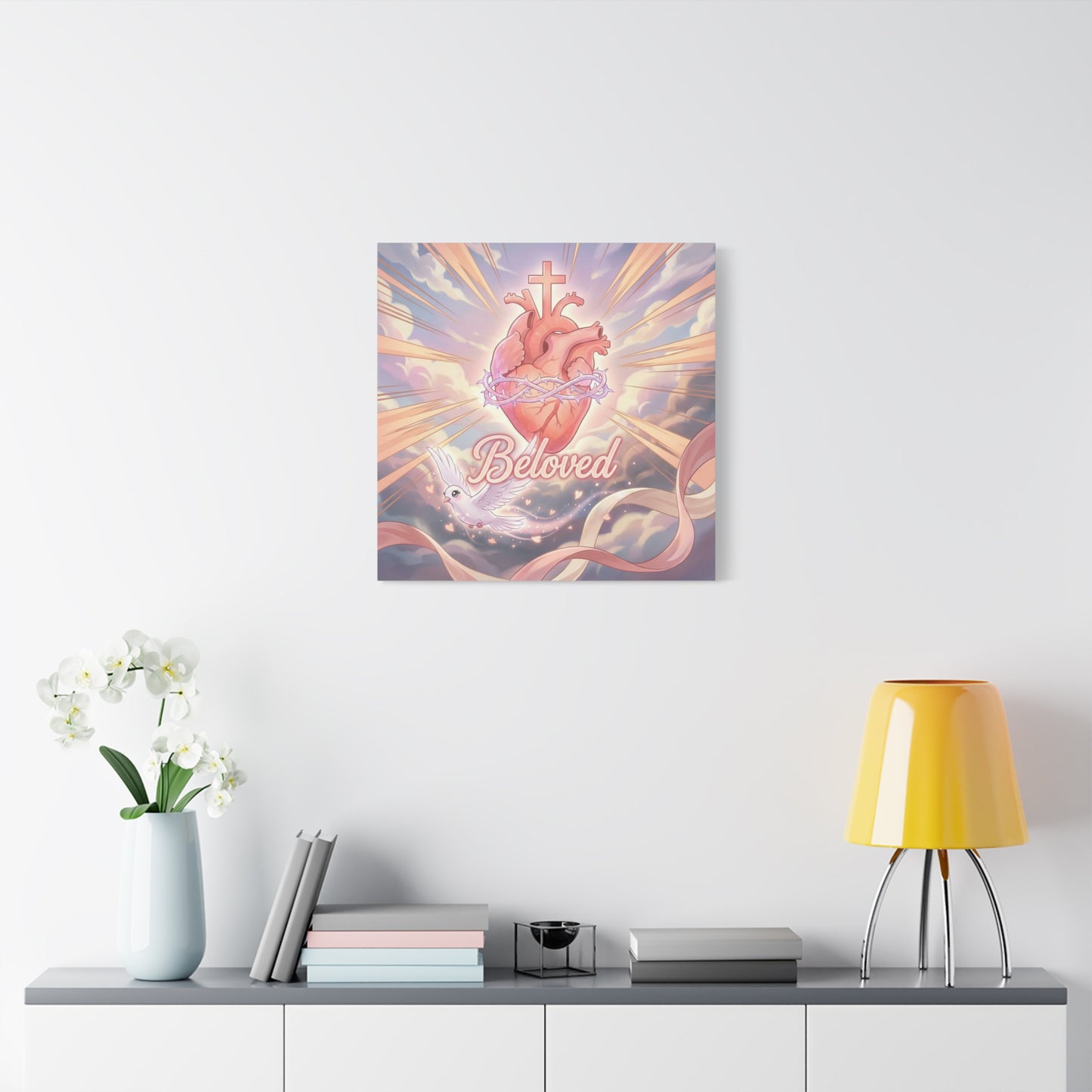 "Beloved" Sacred Heart Canvas Wall Art - Cross, Dove, Crown Of Thorns Christian Decor - Pink Pastel Religious Print - Inspirational Bedroom Home Decoration, Living Room Wall Decor - Ready to Hang