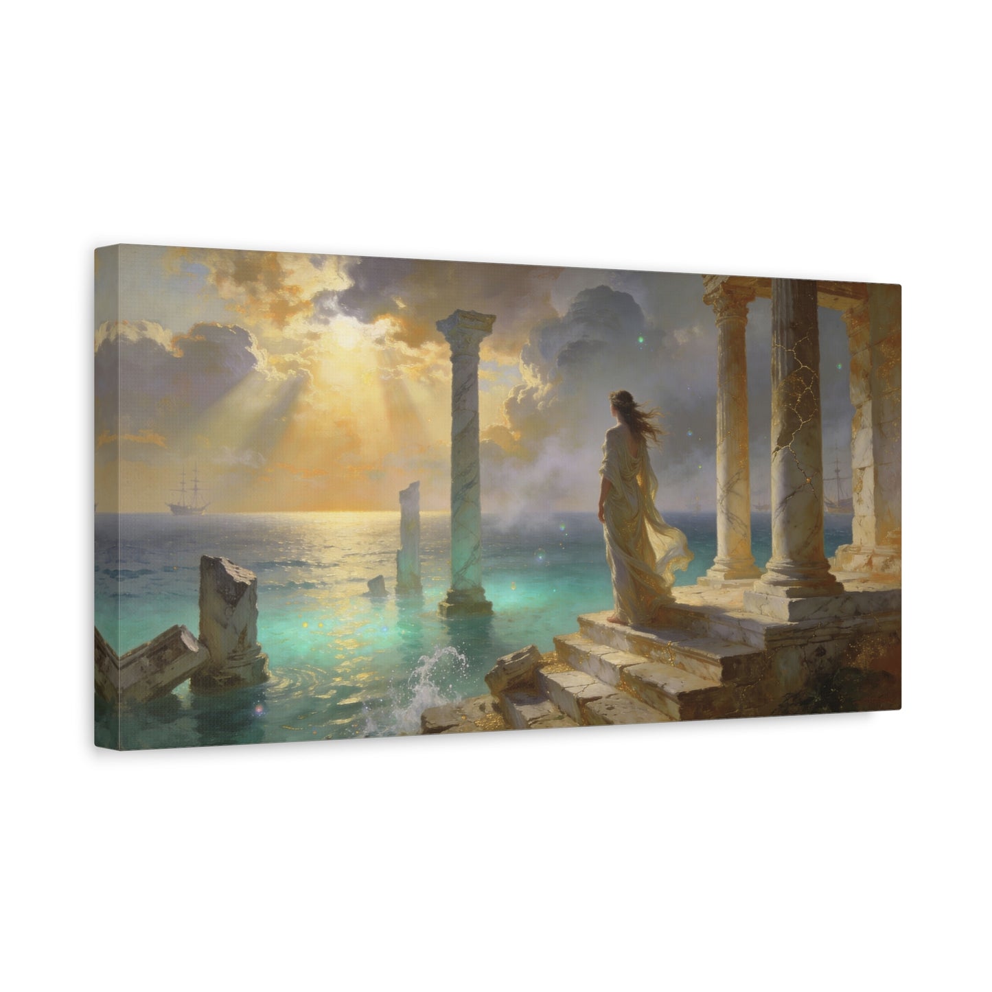 Seaside Ruins Canvas Wall Art - Woman In Flowing Gown, Sunbeams Over Ancient Columns - Luminous Coastal Painting - Living Room Wall Decor, Bedroom Home Decoration, Office Art - Bedroom Home Decoration