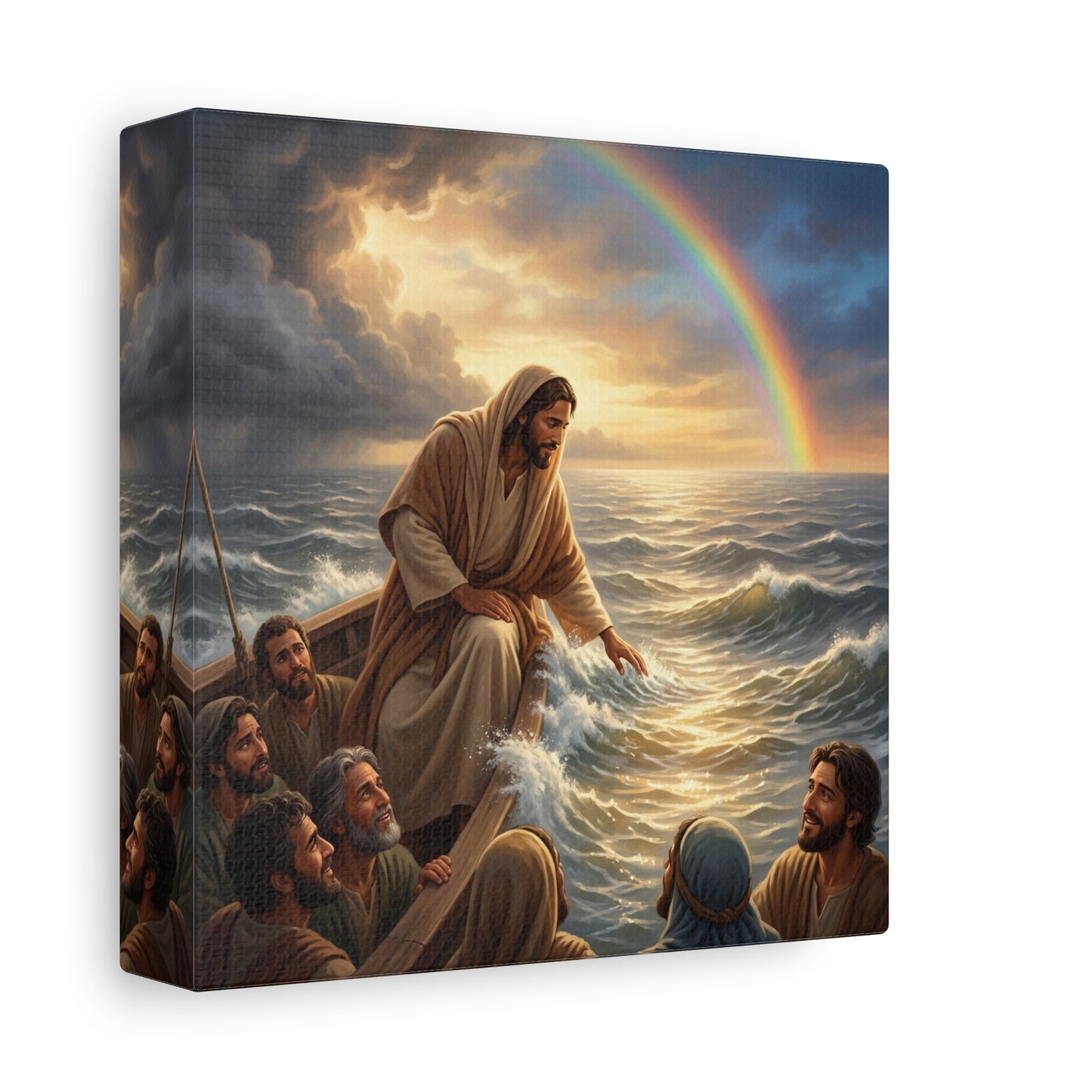 Jesus Christ Walking On Water Canvas Wall Art - Rainbow Over Stormy Sea, Disciples In Boat - Matte Cotton Print - Traditional Religious Style - Living Room Wall Decor - Bedroom Home Decoration