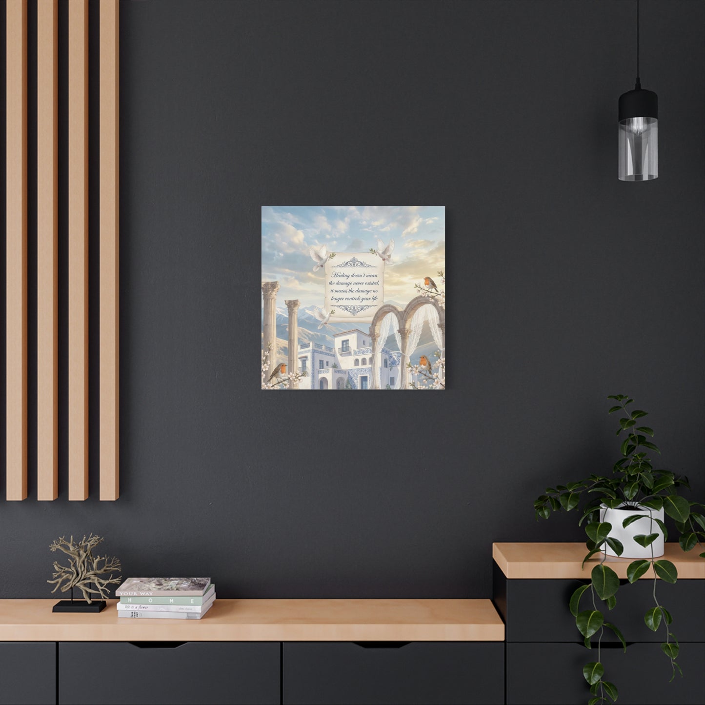 "The Damage No Longer Controls Your Life" Inspirational Canvas Wall Art - Doves, Robins, Classical Arches, Mountain Villa Quote Print - Matte Finish Canvas - Bedroom Home Decoration, Meditation Space