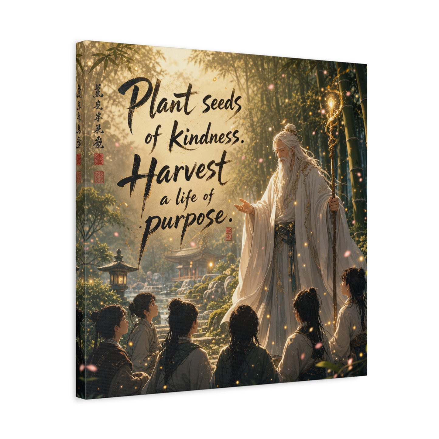 "Plant Seeds Of Kindness. Harvest A Life Of Purpose." Zen Canvas Wall Art - Wise Elder In Bamboo Garden, Inspirational Typography Print - Traditional Style, Bedroom Meditation Decor - Office Wall Art