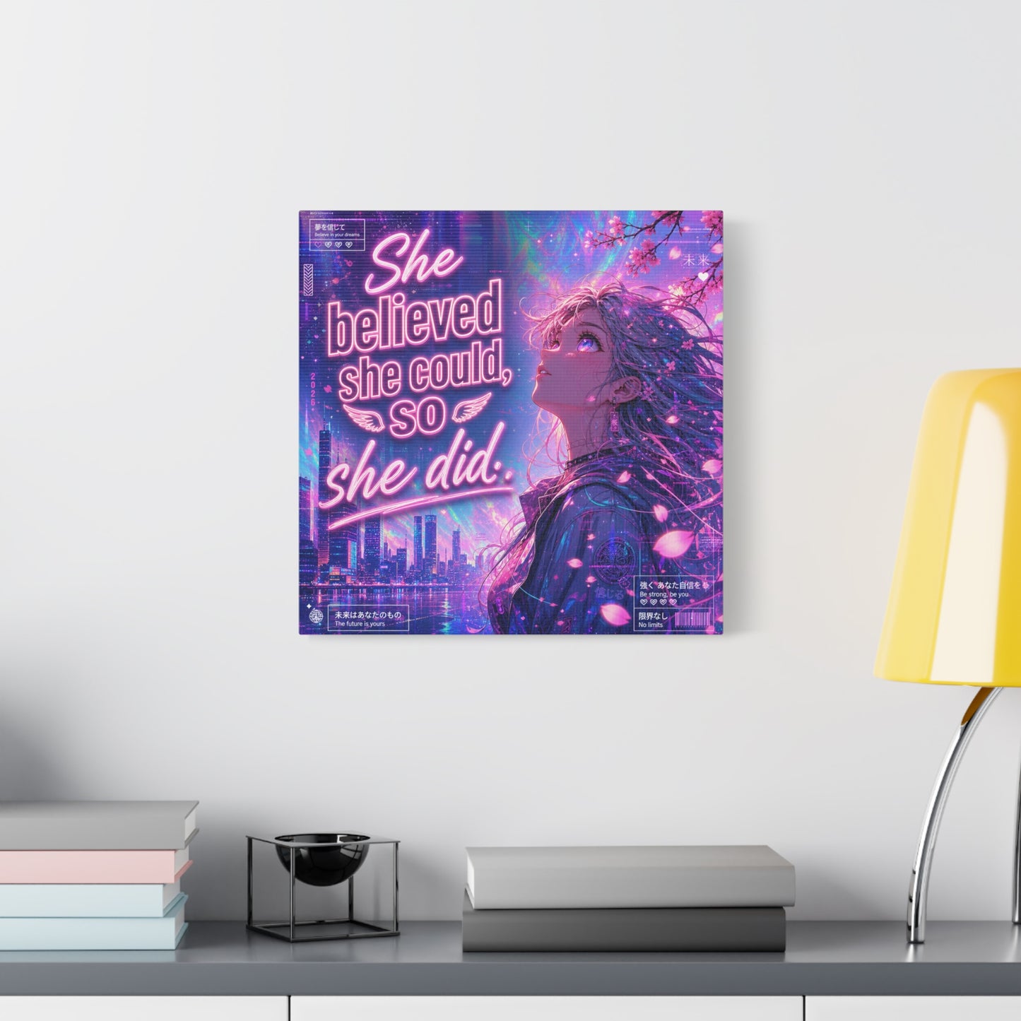 "She Believed She Could, So She Did" Anime Girl Canvas Wall Art - Neon Sakura Cityscape, Inspirational Typography Print - Contemporary Bedroom Wall Decor, Teenager Room Decor - Bedroom Home Decoration