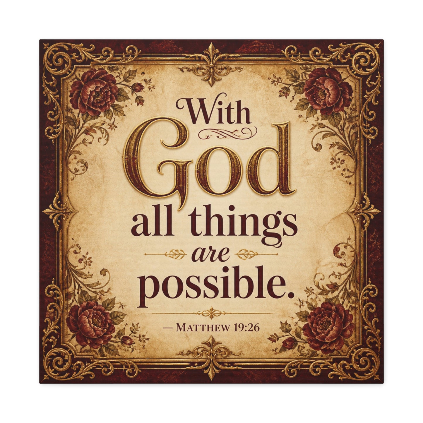 "With God All Things Are Possible. - Matthew 19:26" Christian Canvas Wall Art - Vintage Floral Scripture Print, Traditional Inspirational Decor, Living Room Bedroom Wall Hanging - Ready to Hang
