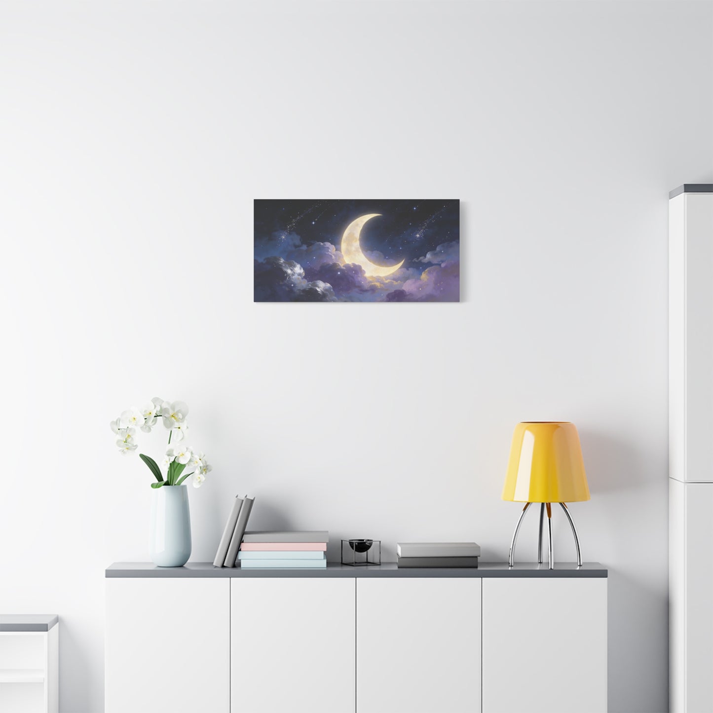 Crescent Moon Canvas Wall Art - Dreamy Night Sky Clouds, Celestial Starry Canvas Print - Contemporary Blue Gold Fantasy Decor - Bedroom Wall Decor, Living Room Home Accent - Bedroom Home Decoration