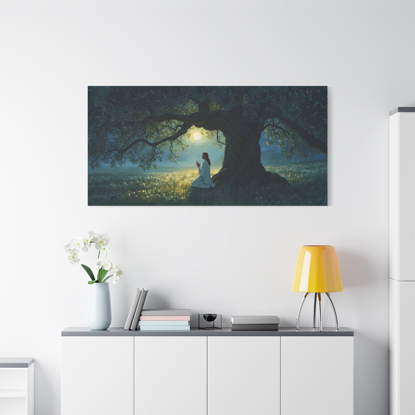 Jesus Praying In Gethsemane Canvas Wall Art - Moonlit Olive Tree Scene, Christian Wall Decor - Matte Cotton Print - Traditional Religious Style For Living Room Bedroom Office - Bedroom Home Decoration