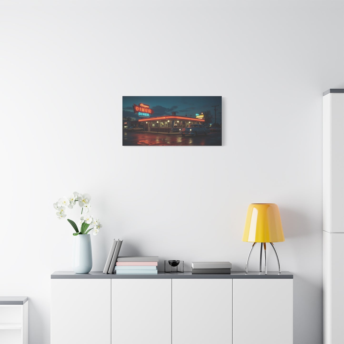 Neon Diner Canvas Wall Art - Retro American Diner Night Scene, Vintage Car Art Print - Moody Blue Glow, Contemporary Style - Living Room Wall Decor, Office Art - Bedroom Home Decoration