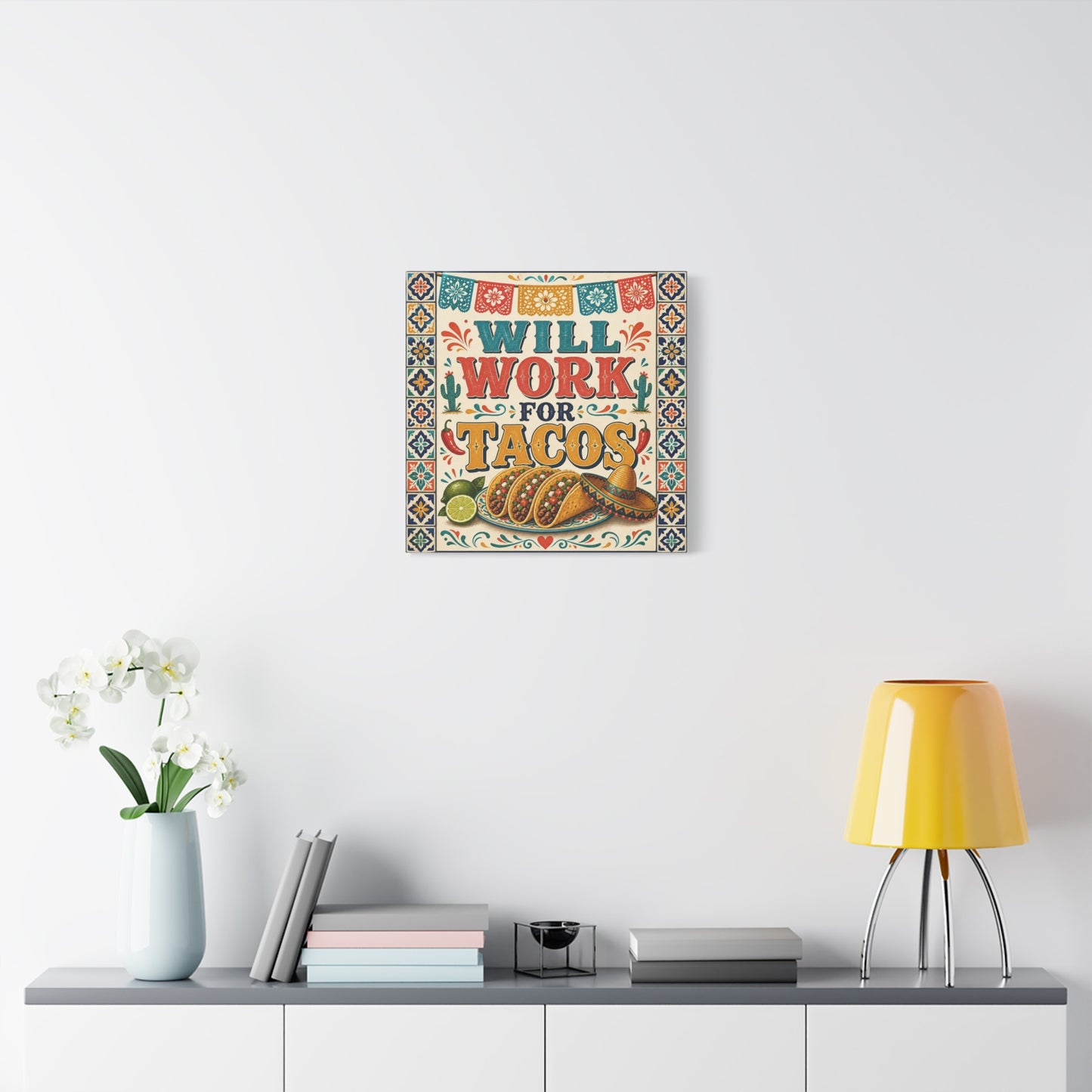 "Will Work For Tacos" Canvas Wall Art - Talavera Tile Typography, Papel Picado, Cactus And Taco Illustration - Fiesta Style Cotton Print - Kitchen Decor, Dining Room Accent, Cafe Interior