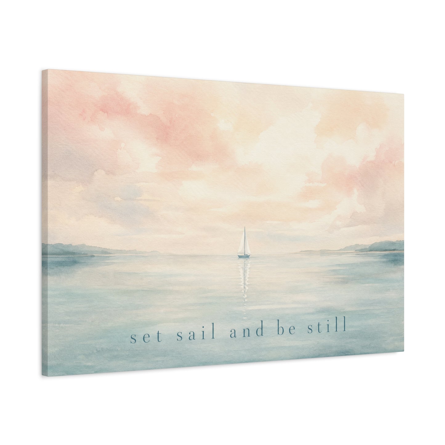 "Set Sail And Be Still" Sailboat Canvas Wall Art - Coastal Seascape Quote Print, Soft Pastel Watercolor, Serene Bedroom Decor, Living Room Wall Decor, Meditation Space Home Accent - Ready to Hang