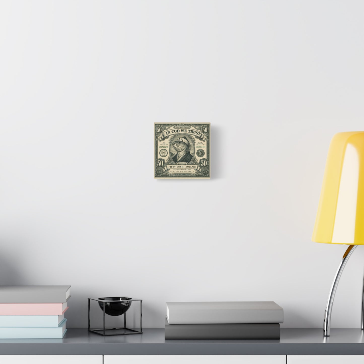 "In Cod We Trust" Sushi Restaurant Canvas Wall Art - Vintage Money Bill Fish Illustration, Typography Poster Style, Cotton Canvas Print, Cafe Decor, Dining Room Accent, Office Art - Ready to Hang