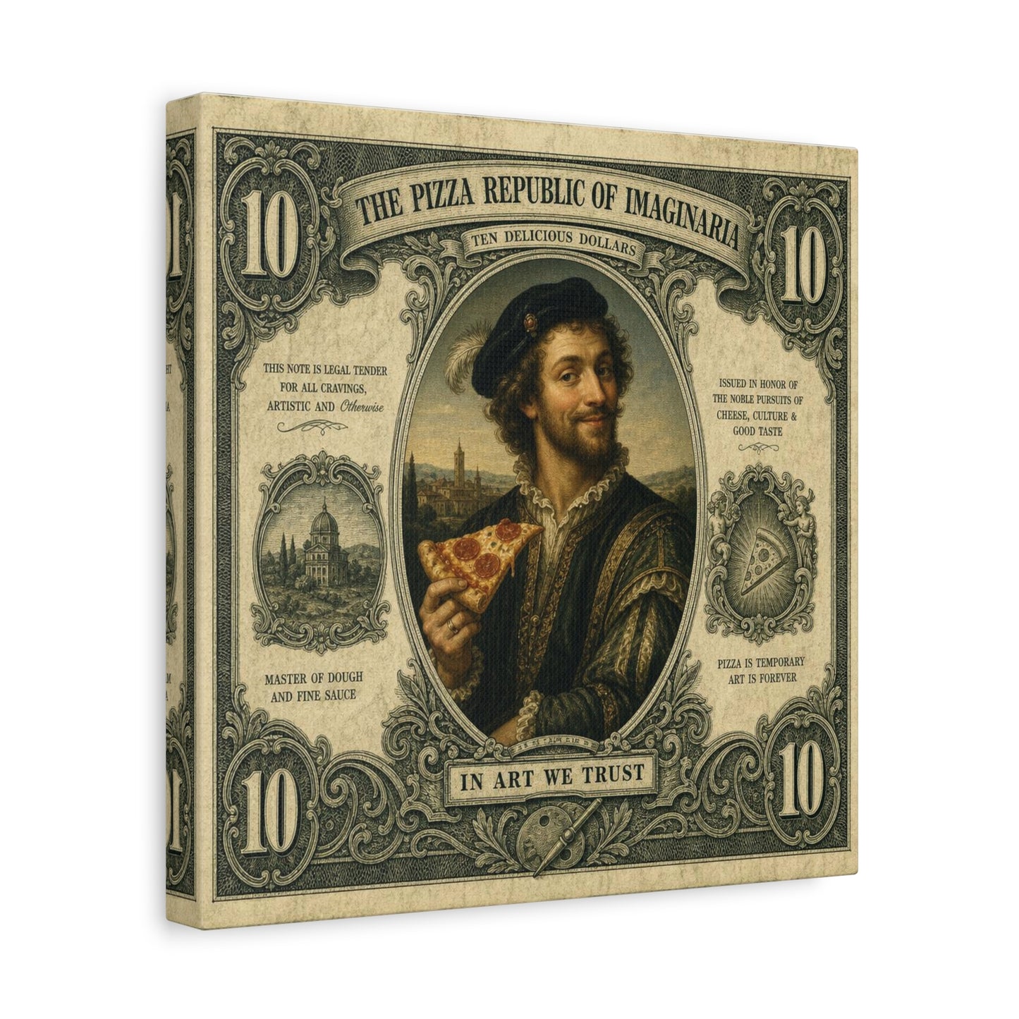 "The Pizza Republic Of Imaginaria" Canvas Wall Art - Vintage Typography Portrait Print, Renaissance Pizza Note Design, Eclectic Office Wall Decor, Cafe Wall Art, Humor Canvas - Reception Area Decor