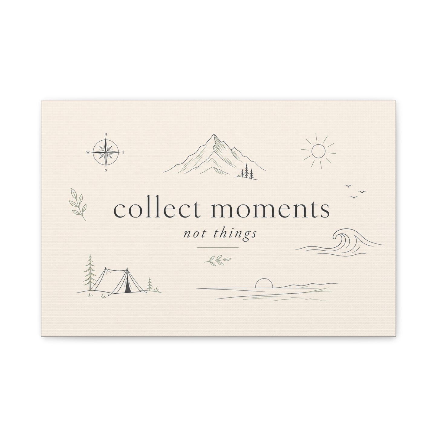 "Collect Moments Not Things" Minimalist Canvas Wall Art - Mountain, Compass, Wave Line Drawing - Neutral Typography Print - Boho Modern Wall Decor For Living Room, Bedroom, Office Accent
