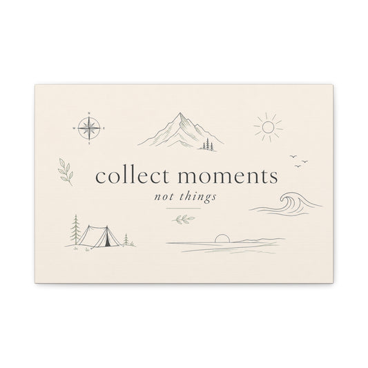 "Collect Moments Not Things" Minimalist Canvas Wall Art - Mountain, Compass, Wave Line Drawing - Neutral Typography Print - Boho Modern Wall Decor For Living Room, Bedroom, Office Accent