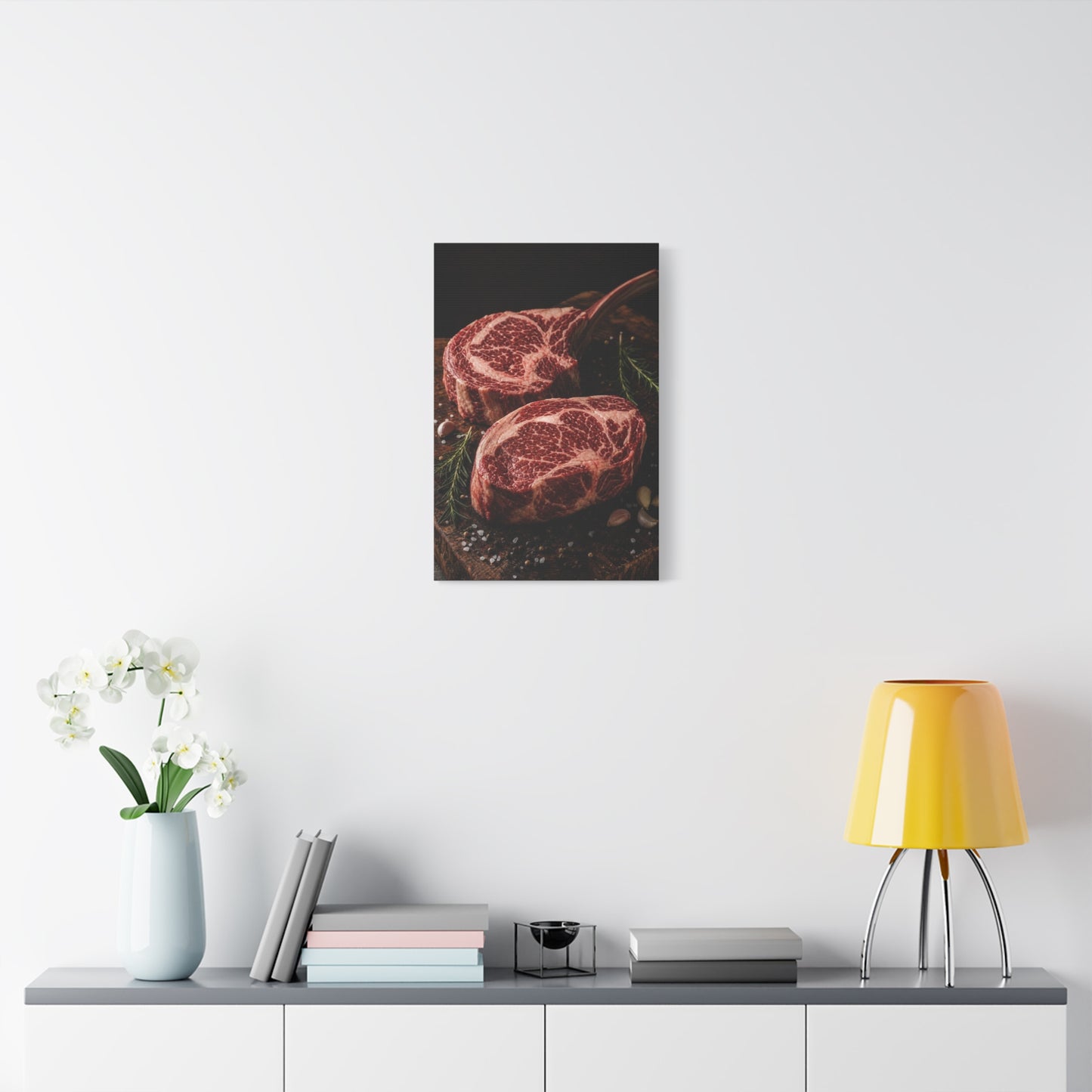 Raw Ribeye Steak Canvas Wall Art - Rustic Food Art Print, Butcherhouse Kitchen Decor, Cotton Art Print, Moody Culinary Still Life - Dining Room Accent, Restaurant Wall Decor - Modern Farmhouse Style