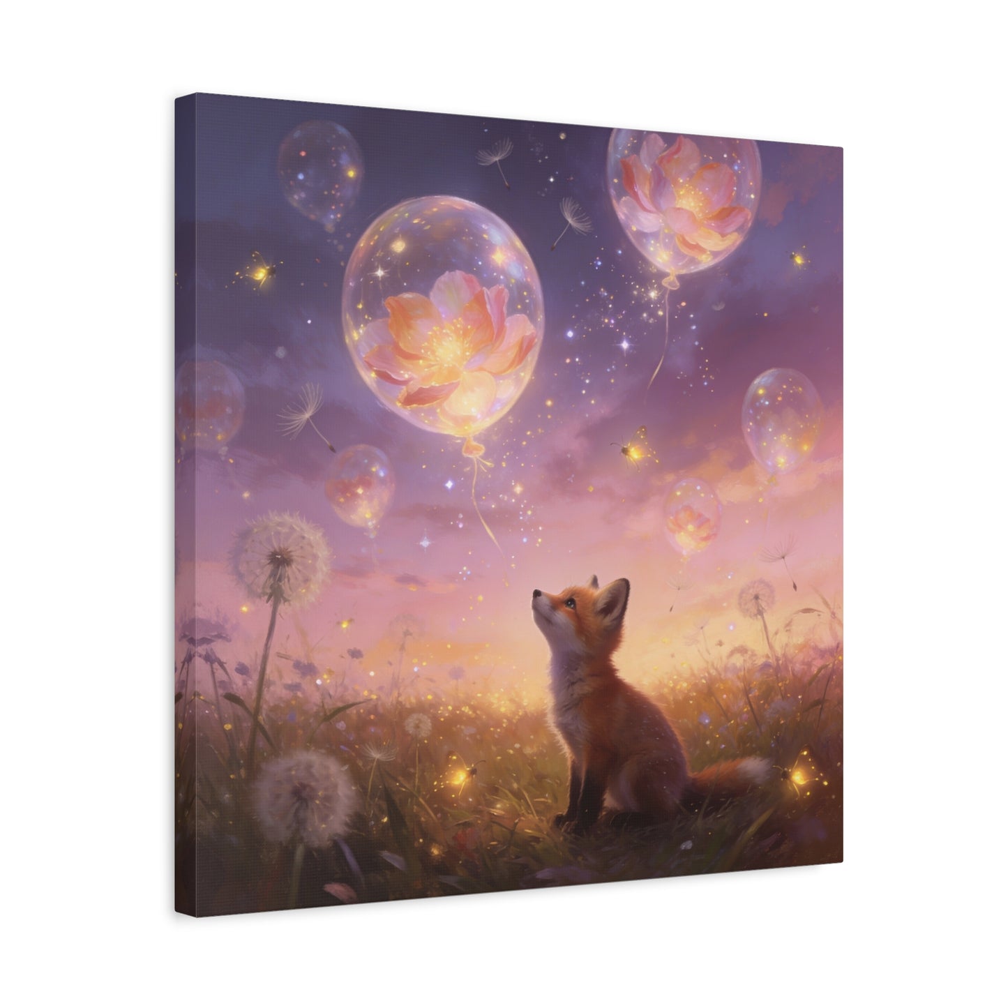 Fox Canvas Wall Art - Whimsical Fox Under Floral Balloons, Dreamy Twilight Meadow Canvas Print - Pastel Fantasy Style, Living Room Wall Decor, Bedroom Home Decoration - Bedroom Home Decoration