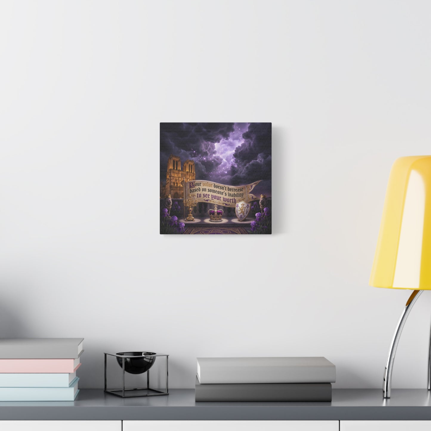 "Your Value Doesn't Decrease Based On Someone's Inability To See Your Worth" Canvas Wall Art - Gothic Cathedral, Purple Sky, Crown And Lions - Inspirational Home Decor - Living Room Bedroom