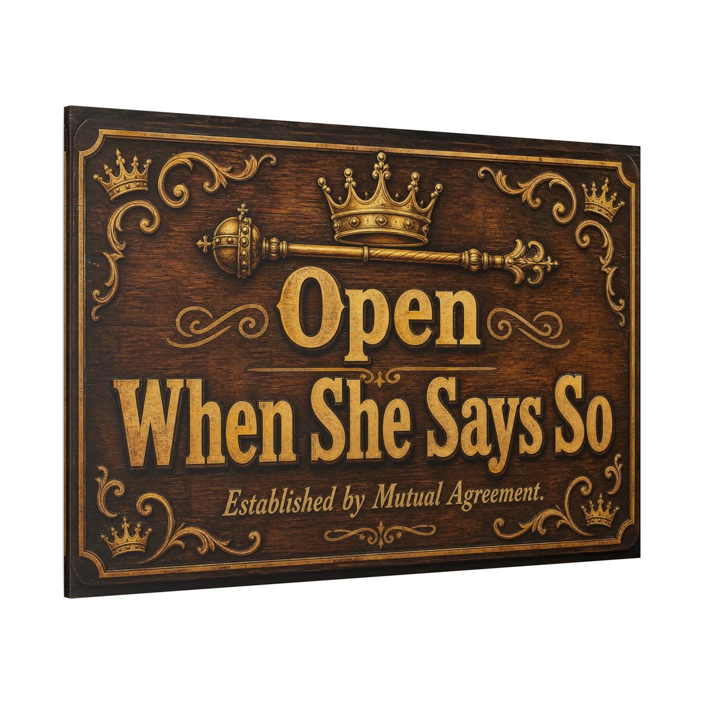 "Open When She Says So" Canvas Wall Art - Vintage Crown Scepter Typography Sign - Rustic Brown Gold Humor Decor - Man Cave Living Room Wall Decor - Bedroom Home Decoration - Bedroom Home Decoration