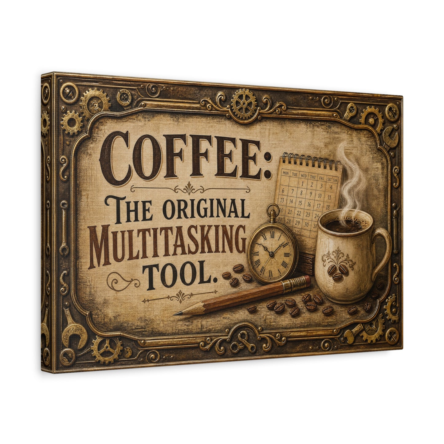 "Coffee: The Original Multitasking Tool." Canvas Wall Art - Vintage Coffee Cup Quote Print, Rustic Wall Decor, Steampunk Style, Cafe Accent - Ready to Hang - Bistro Decor - Espresso Bar Sign