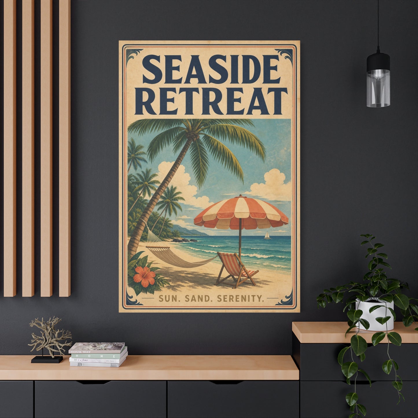 "Seaside Retreat" Tropical Beach Canvas Wall Art - Vintage Coastal Palm Tree Hammock Poster Print, Sun Sand Serenity Typography, Retro Ocean Decor For Bedroom Living Room - Living Room Wall Decor