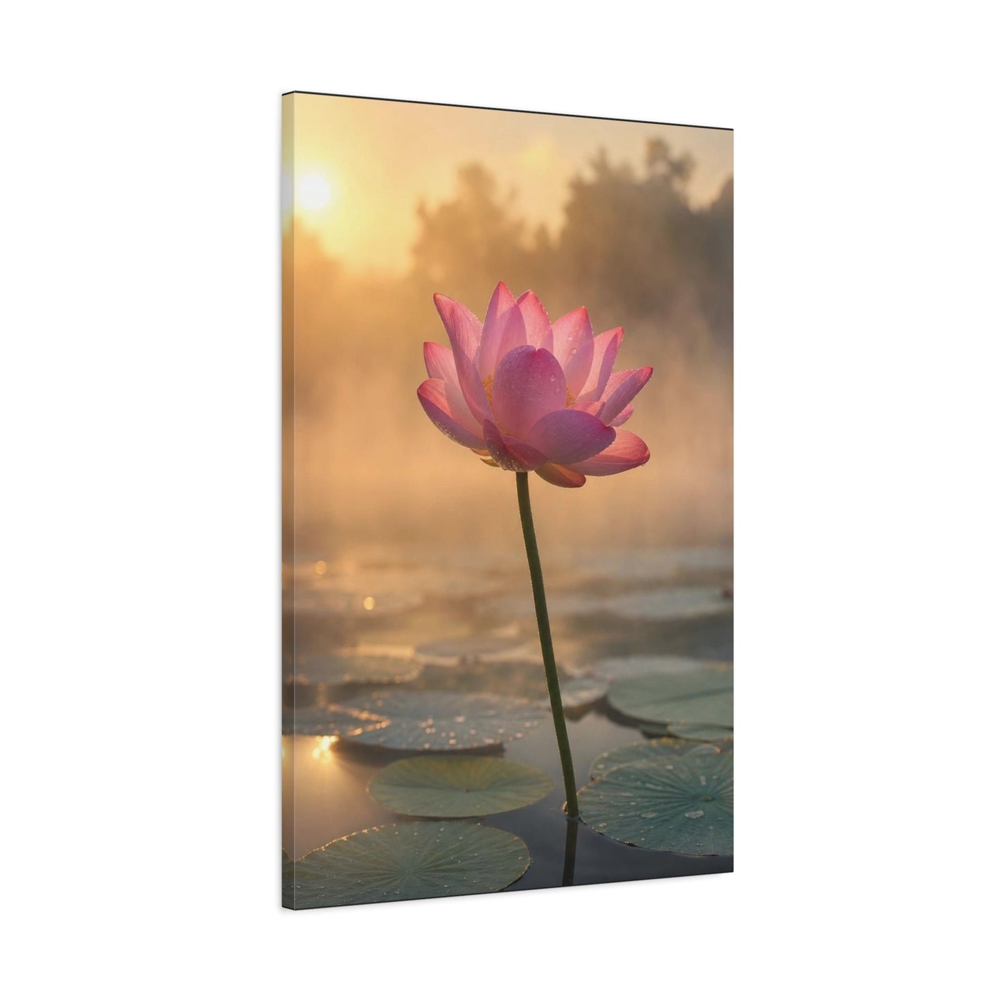 Pink Lotus Canvas Wall Art - Serene Water Lily Sunrise Floral Print - Soft Golden Light, Matte Canvas Print - Bedroom Wall Decor, Bathroom Home Decoration, Zen Meditation Space - Cozy Reading Nook Art