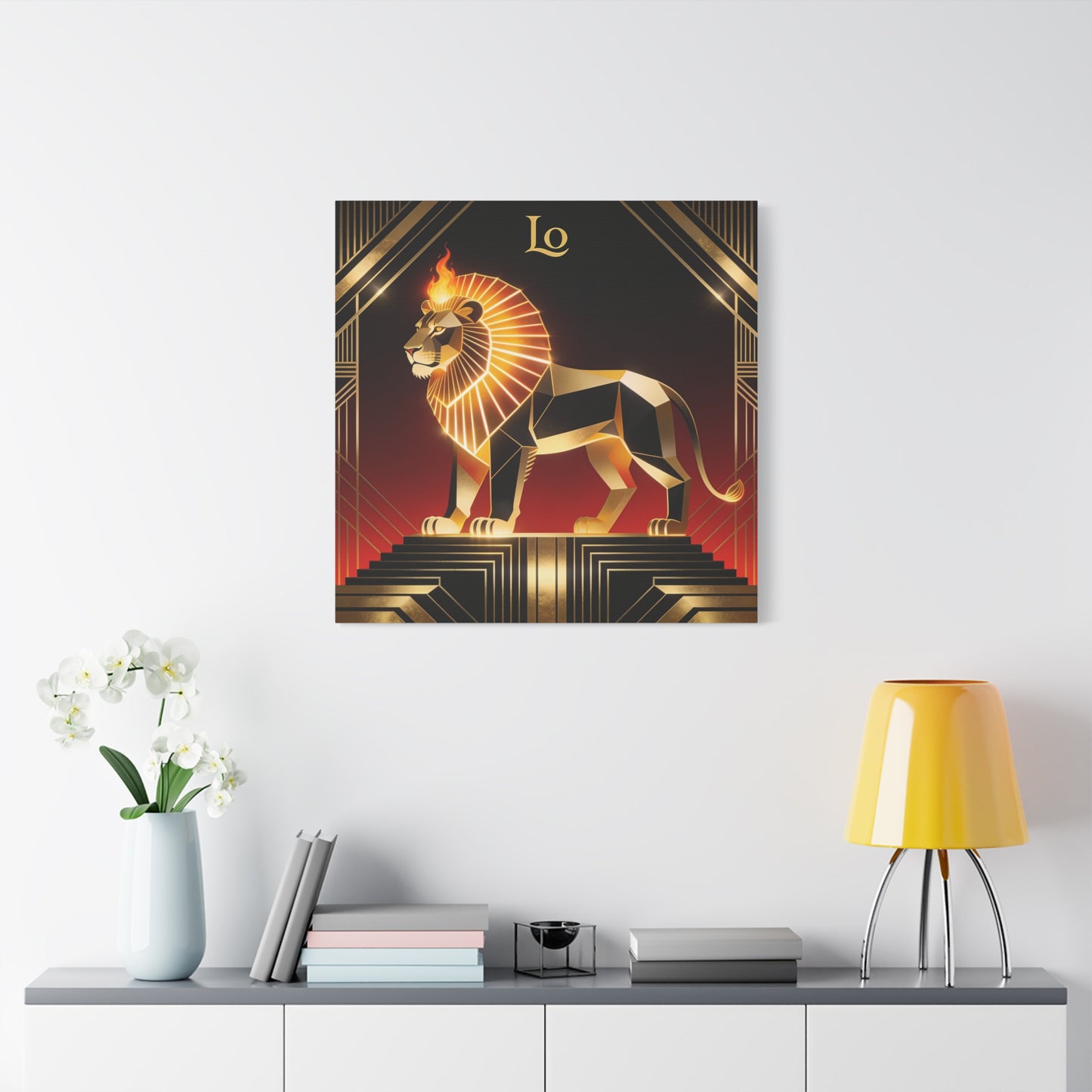 "Lo" Geometric Lion Canvas Wall Decor - Art Deco Gold Black Red Animal Print - Flaming Mane Illustration, Modern Luxe Interior Accent, Living Room Home Decoration - Living Room Wall Decor