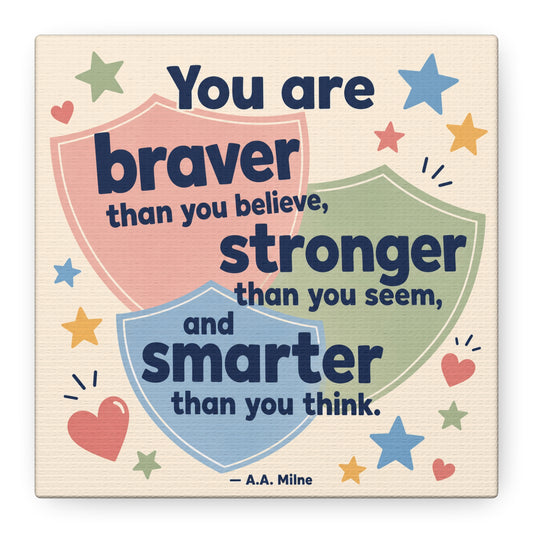 "You Are Braver, Stronger, Smarter" Quote Canvas Wall Art - Kids Inspirational Typography Print, Pastel Shield Stars Hearts Design - Nursery Bedroom Classroom Decor - Office Wall Art - Ready to Hang
