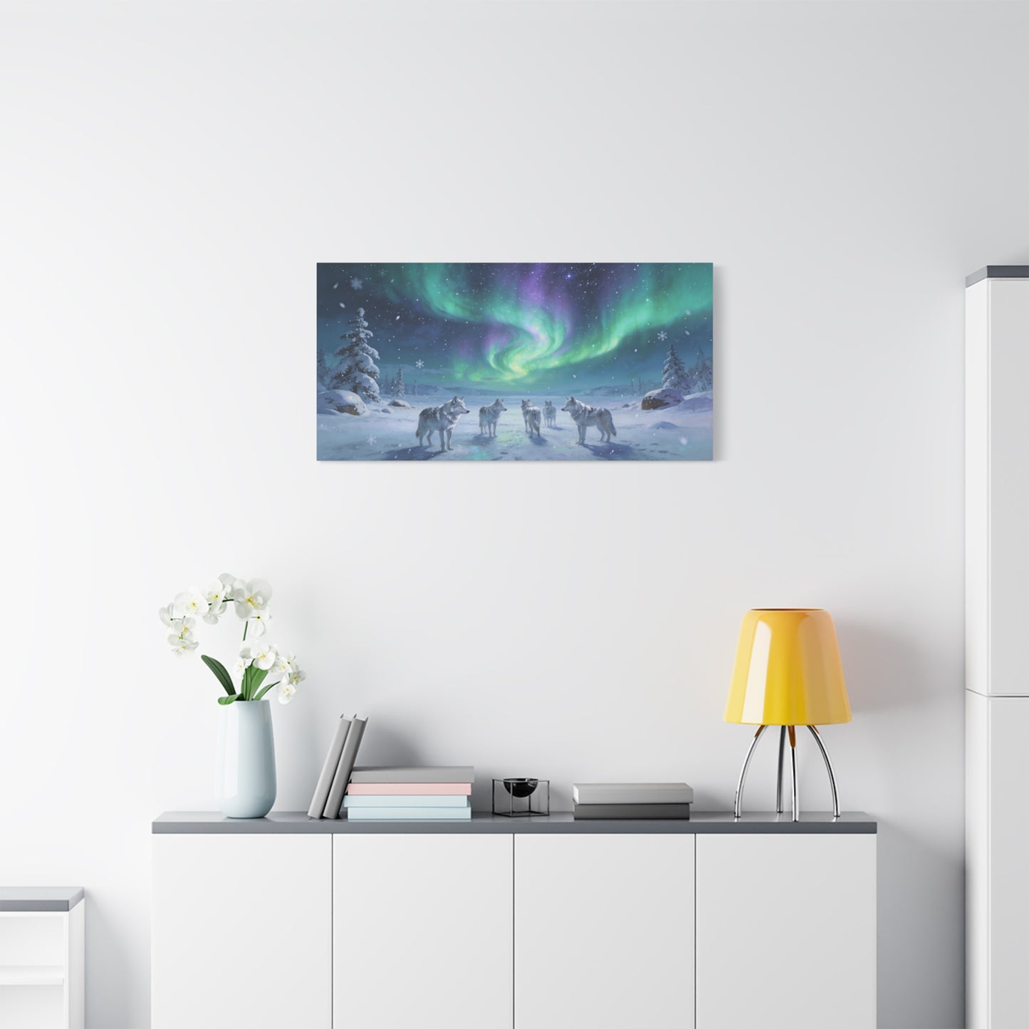 Arctic Wolf Pack Canvas Wall Art - Aurora Borealis Snowy Winter Landscape, Northern Lights Canvas Print, Blue Green Purple Sky, Living Room Wall Decor, Bedroom Home Decoration - Modern Farmhouse Style