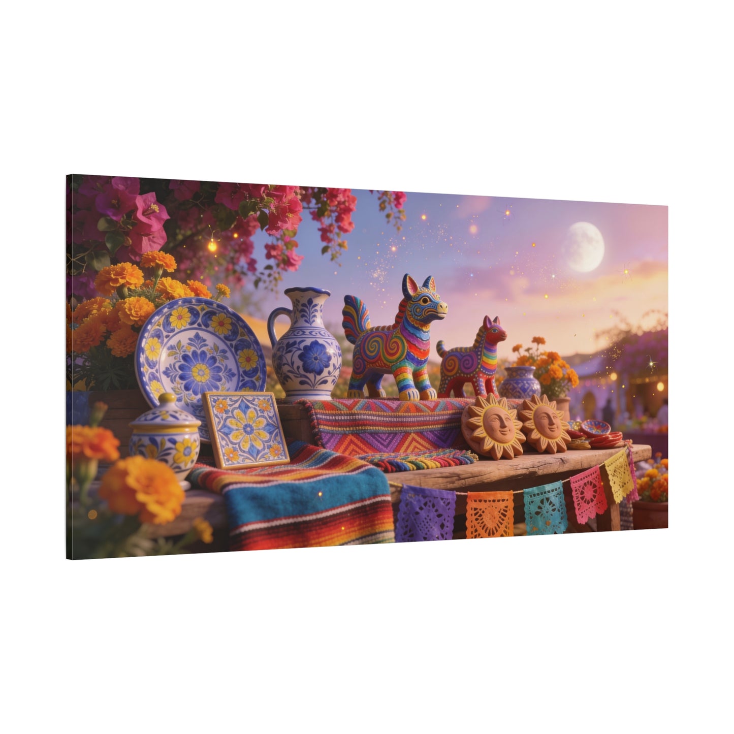Talavera Pottery Folk Art Canvas Wall Art - Colorful Mexican Table Still Life, Moonlit Fiesta Decor - Matte Cotton Print - Bohemian Living Room Wall Decor, Dining Room Accent - Bedroom Home Decoration