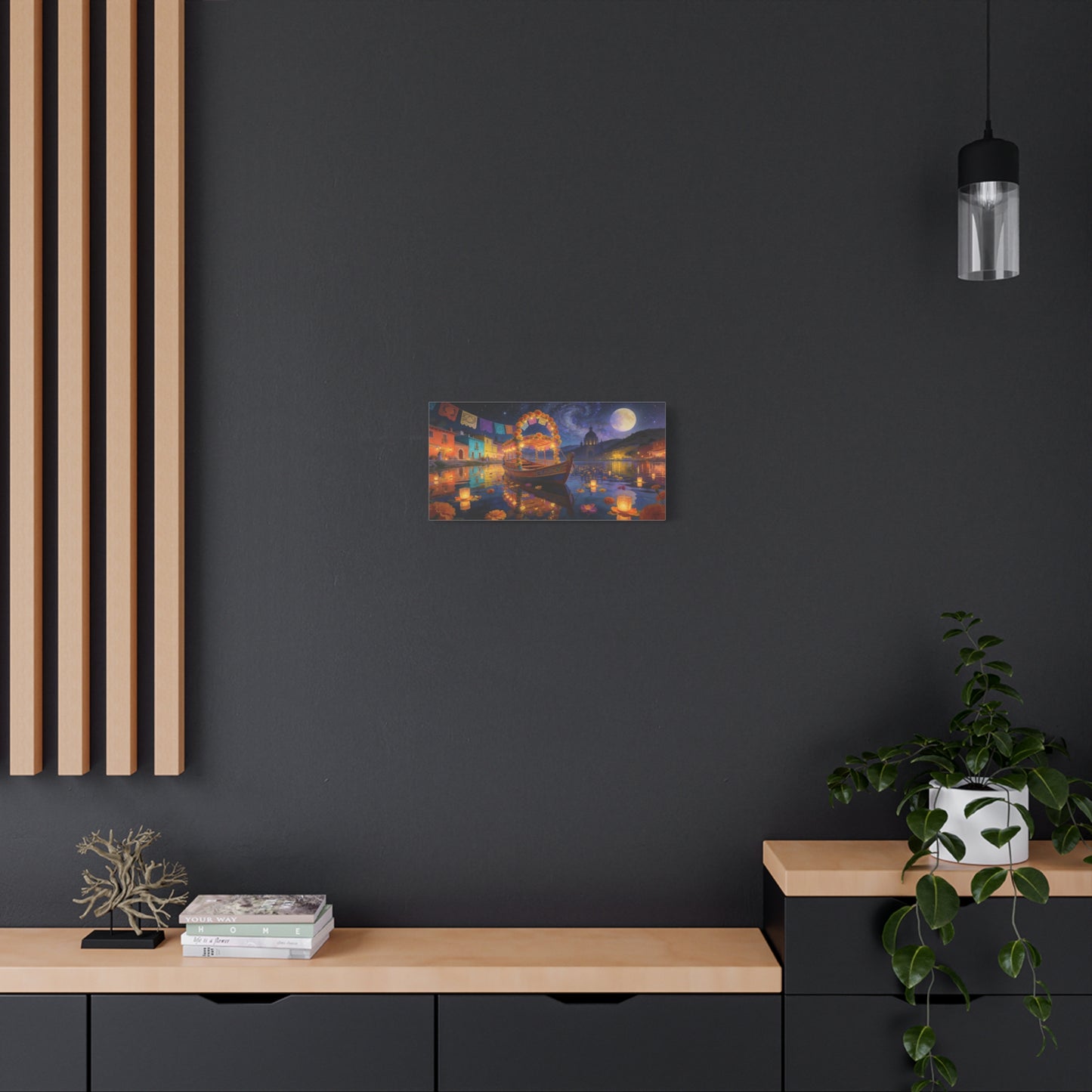Moonlit Marigold Boat Canvas Wall Art - Colorful Festival Lake Scene, Full Moon Night Sky - Matte Cotton Art Print - Bohemian Living Room Wall Decor, Bedroom Home Decoration - Bedroom Home Decoration