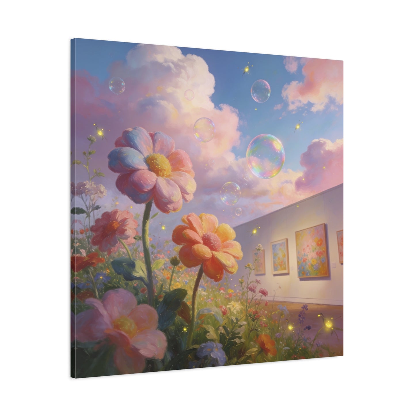Dreamy Floral Canvas Wall Art - Pastel Wildflower Sky With Iridescent Bubbles, Firefly Glow - Whimsical Matte Canvas Print - Contemporary Bedroom Wall Decor, Living Room Accent - Cozy Reading Nook Art