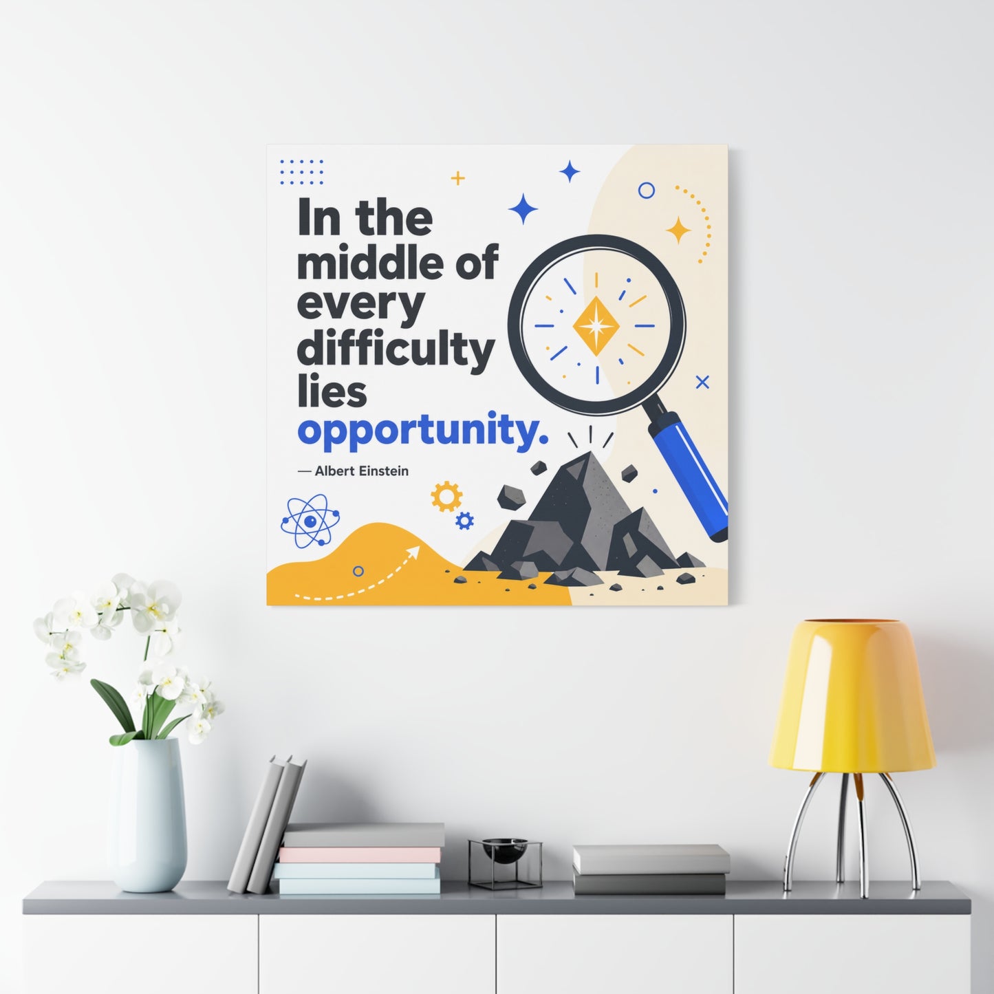 "In The Middle Of Every Difficulty Lies Opportunity." Einstein Canvas Wall Art - Motivational Quote Print, Blue Yellow Modern Typography, Office Decor, Classroom Inspiration, Study Room Accent