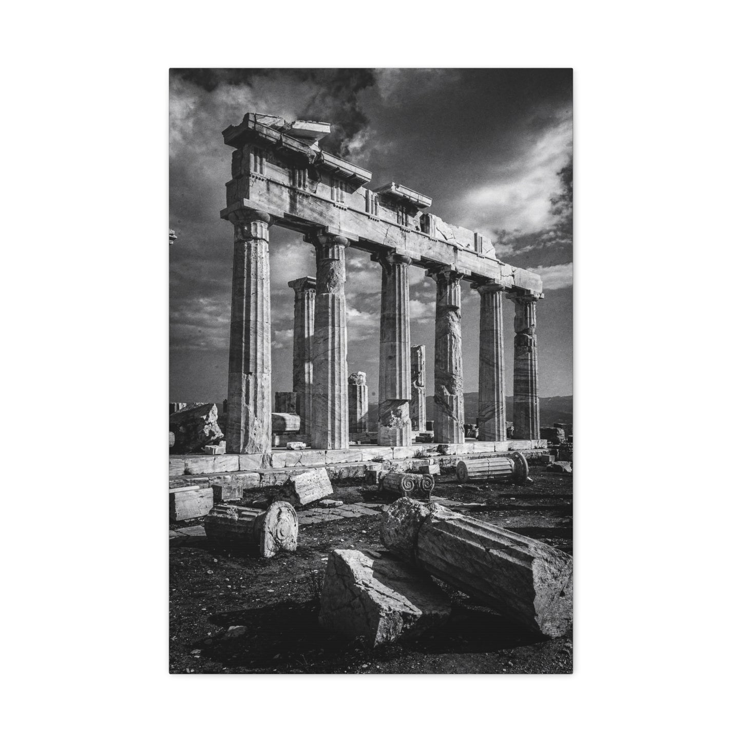 Ancient Greek Temple Ruins Canvas Wall Art - Black And White Architectural Art Print, Dramatic Sky, Vintage Classical Style - Living Room Wall Decor, Office Art Accent - Modern Farmhouse Style