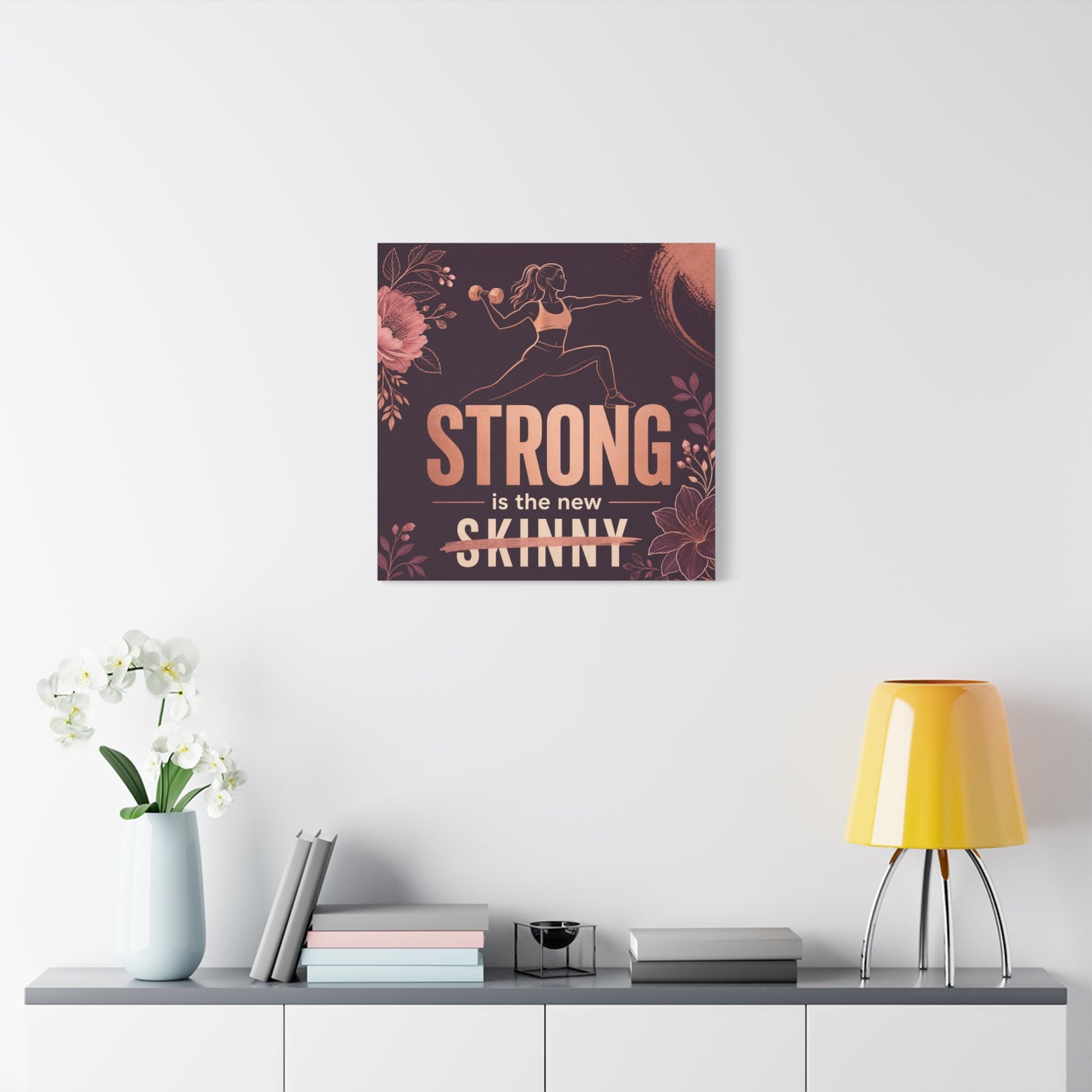 "Strong Is The New Skinny" Fitness Canvas Wall Art - Woman With Dumbbell Floral Quote Print - Rose Gold Motivational Decor - Modern Bedroom Wall Decor - Bedroom Home Decoration - Cozy Reading Nook Art