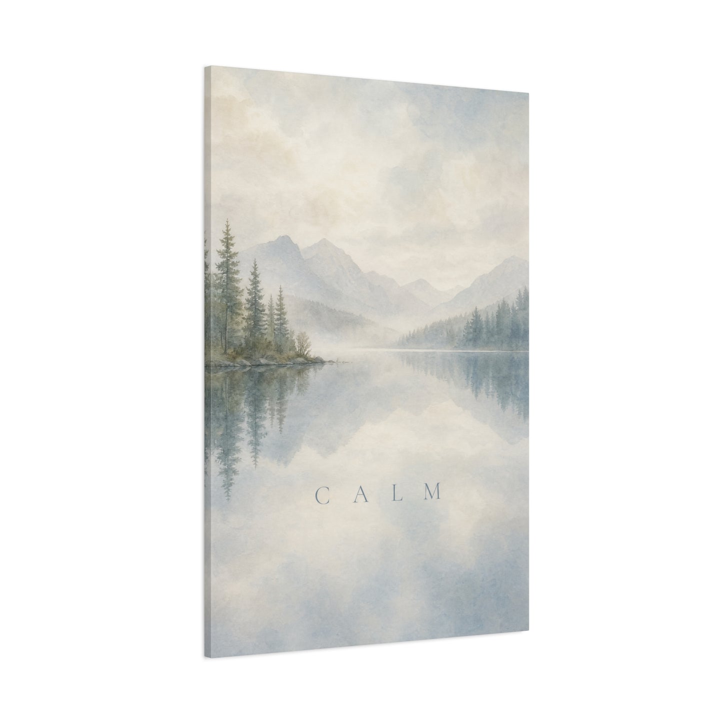 "Calm" Mountain Lake Canvas Wall Art - Misty Pine Forest Reflection Print - Serene Blue Landscape - Minimalist Nature Decor - Bedroom Home Decoration, Meditation Space - Living Room Wall Decor