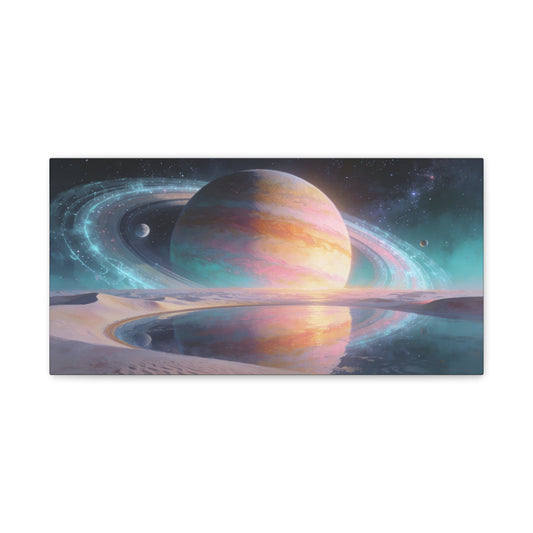 Ringed Planet Canvas Wall Art - Pastel Space Landscape, Celestial Desert Lake Reflection - Contemporary Surreal Canvas Print - Living Room Wall Decor, Bedroom Home Decoration - Bedroom Home Decoration