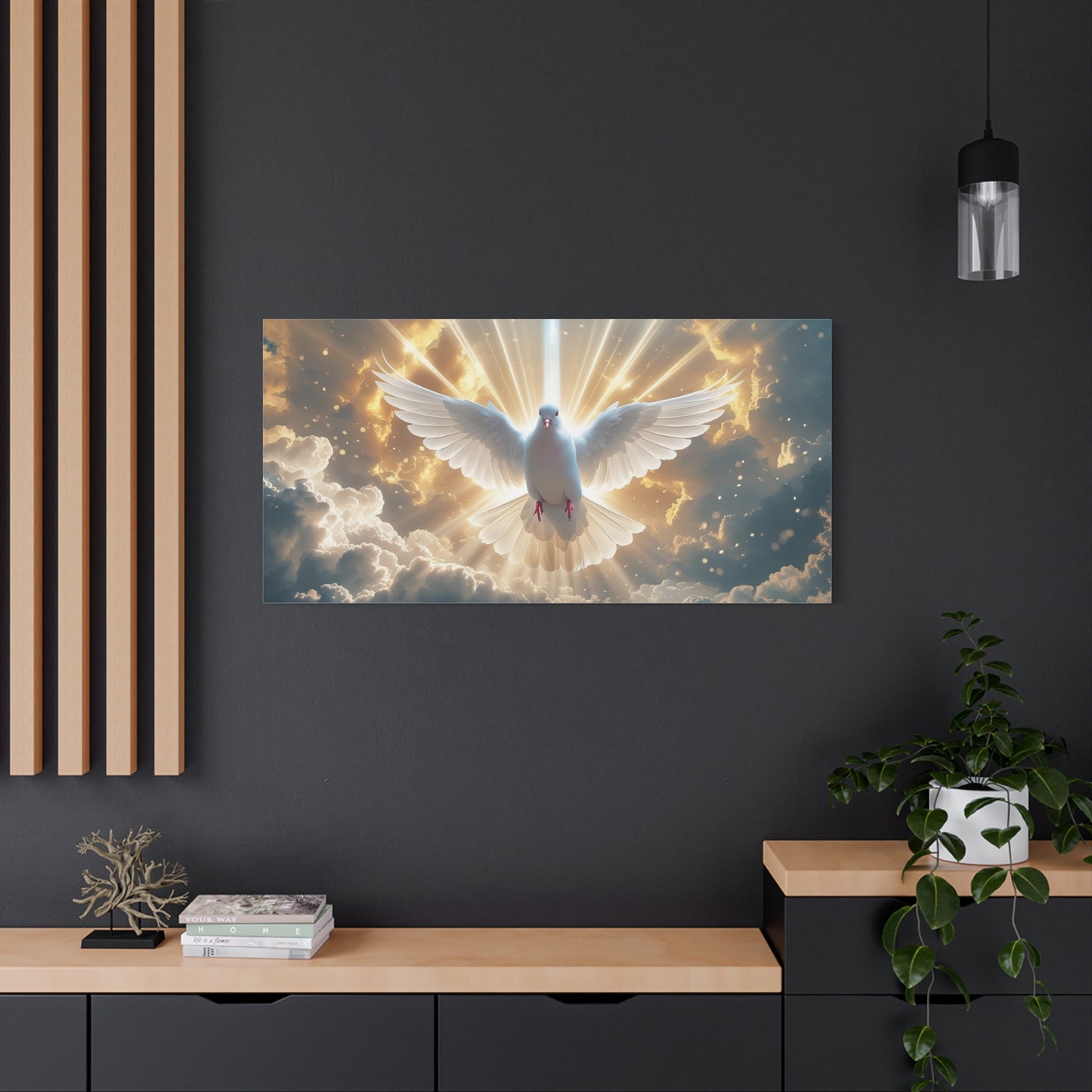 White Dove Canvas Wall Art - Holy Spirit Bird In Glowing Clouds, Radiant Sky Canvas Print - Golden Light Religious Decor - Living Room Home Decoration, Meditation Space Accent - Living Room Wall Decor