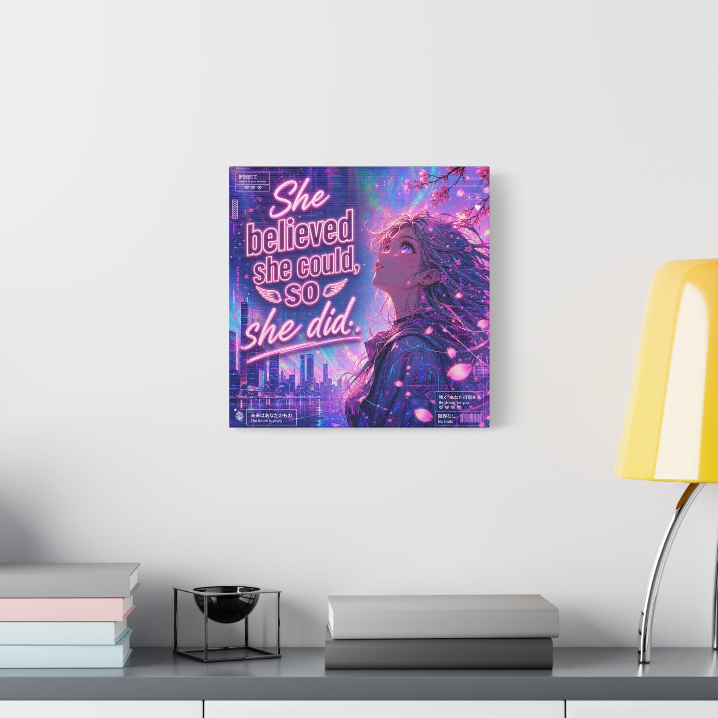 "She Believed She Could, So She Did" Anime Girl Canvas Wall Art - Neon Sakura Cityscape, Inspirational Typography Print - Contemporary Bedroom Wall Decor, Teenager Room Decor - Bedroom Home Decoration