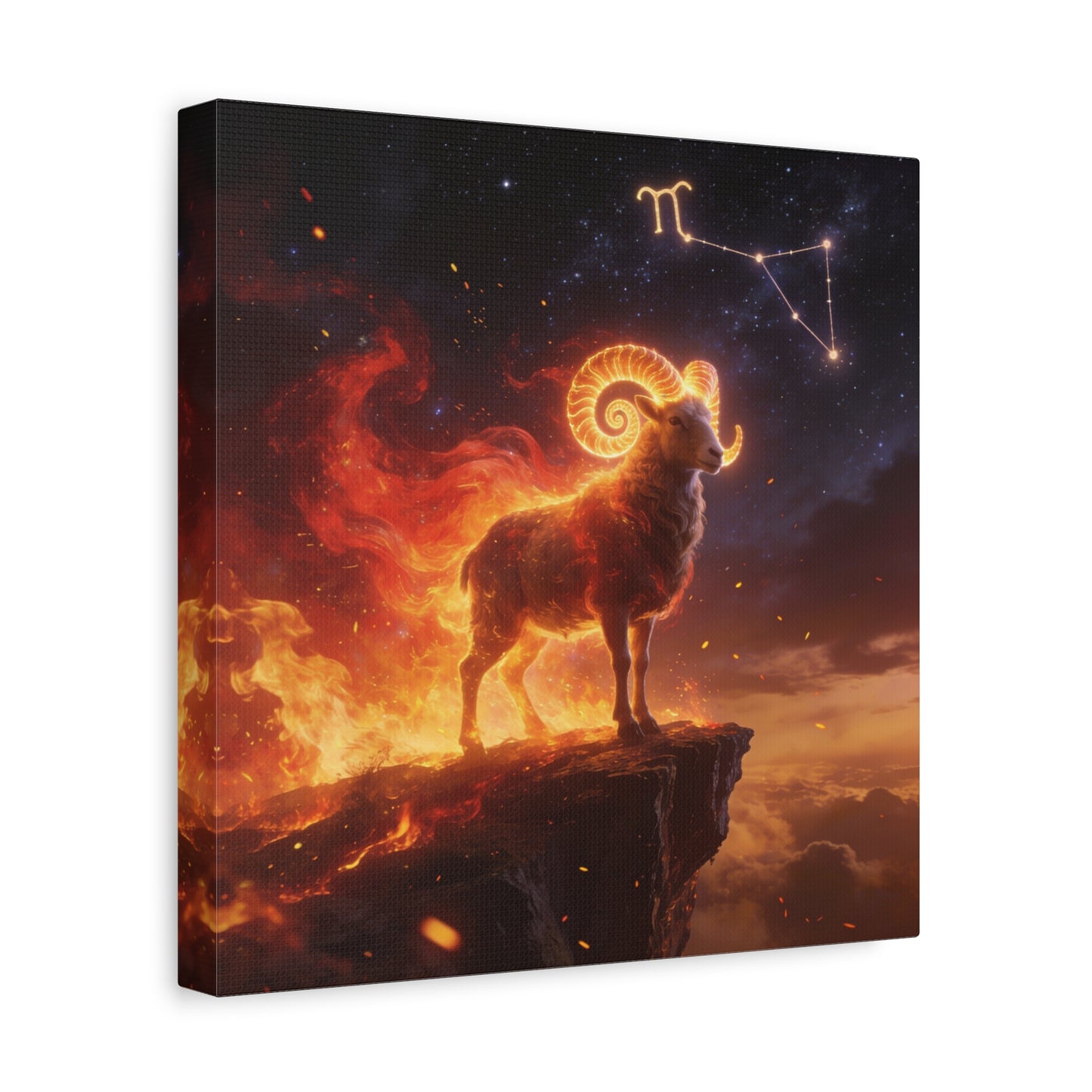 Aries Ram Canvas Wall Art - Fiery Zodiac Constellation Celestial Animal Print - Glowing Horns, Cosmic Night Sky - Contemporary Fantasy Style - Bedroom Home Decoration Office Wall Art - Ready to Hang