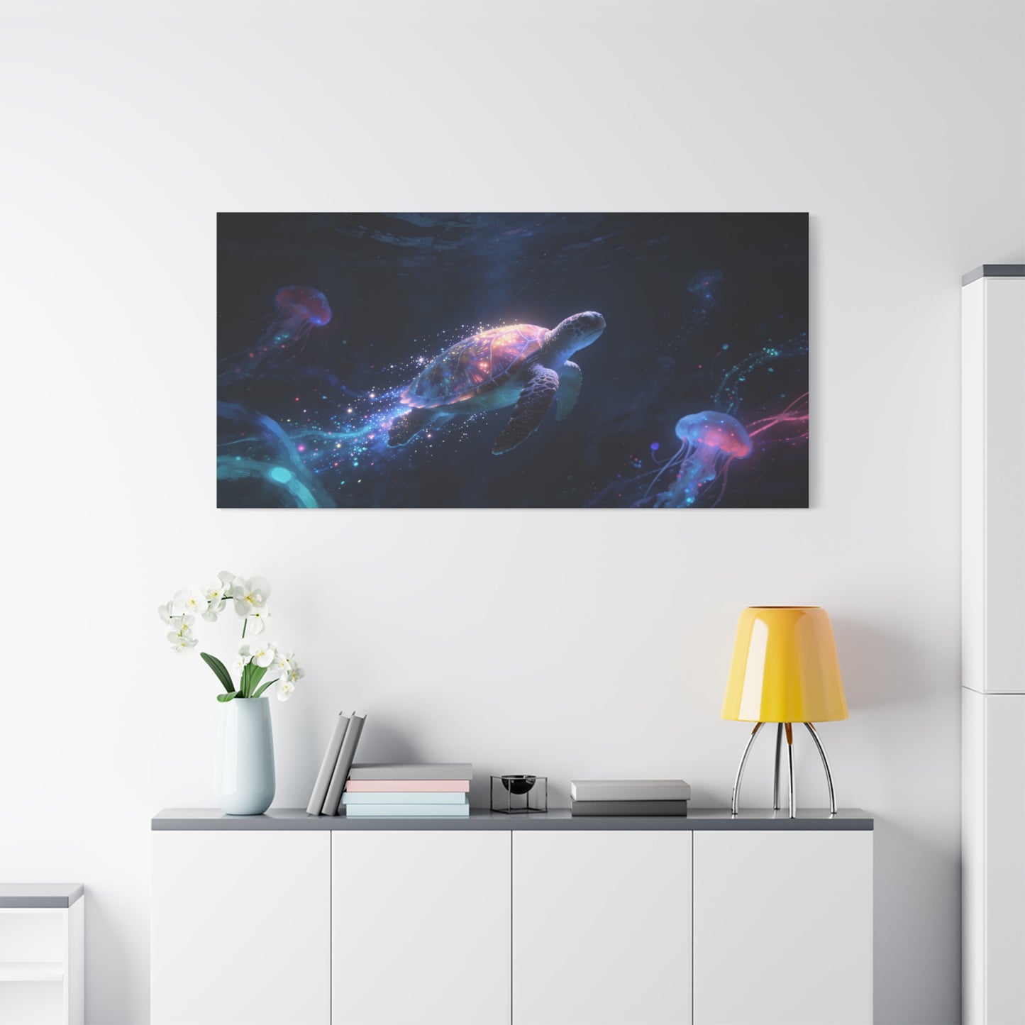 Sea Turtle Canvas Wall Art - Glowing Underwater Jellyfish Ocean Scene, Fantasy Marine Canvas Print - Contemporary Blue Seascape - Living Room Wall Decor, Bedroom Home Accent - Bedroom Home Decoration